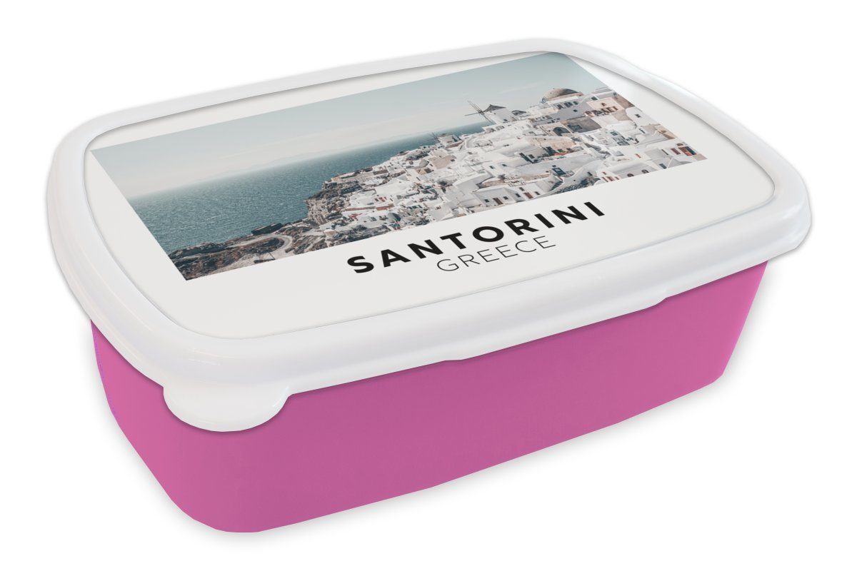 MuchoWow Lunchbox Griechenland - Santorin - Wasser, Kunststoff, (2-tlg), Brotbox für Erwachsene, Brotdose Kinder, Snackbox, Mädchen, Kunststoff rosa
