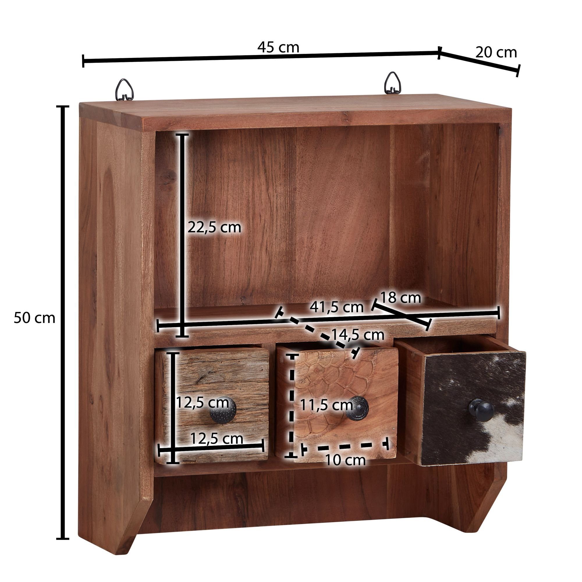 FINEBUY Gewürzregal 45x50x20 hängend, mit FB80753, Schubladen, cm, Wandregal Küchenregal Massivholz Akazie Wand Schweberegal