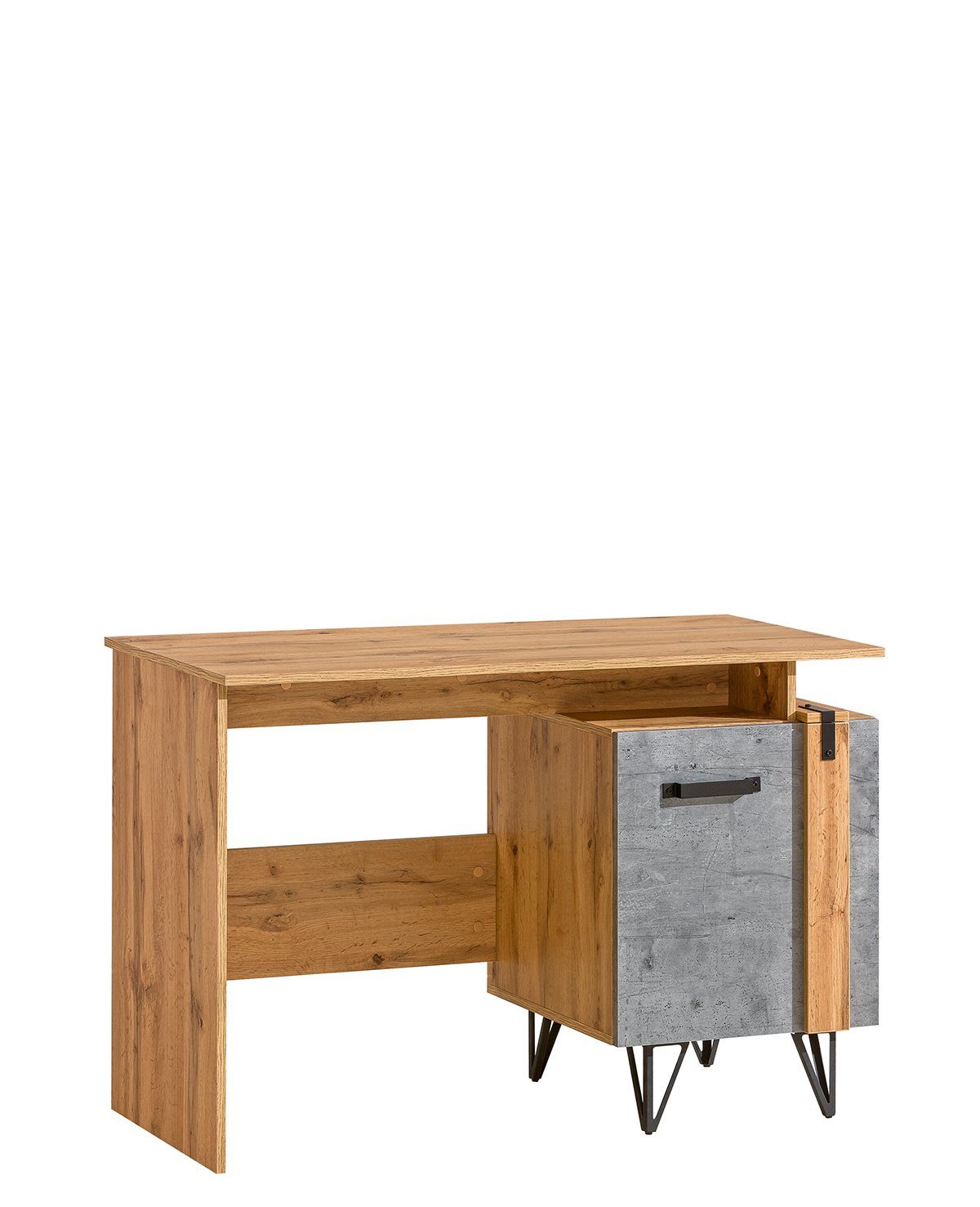 Stylefy Schreibtisch Loffer Wotan Eiche Einlegeboden Beton Design Industrial Stauraum, Fächern, Metallelemente, (Computertisch, und mit viel Bürotisch)