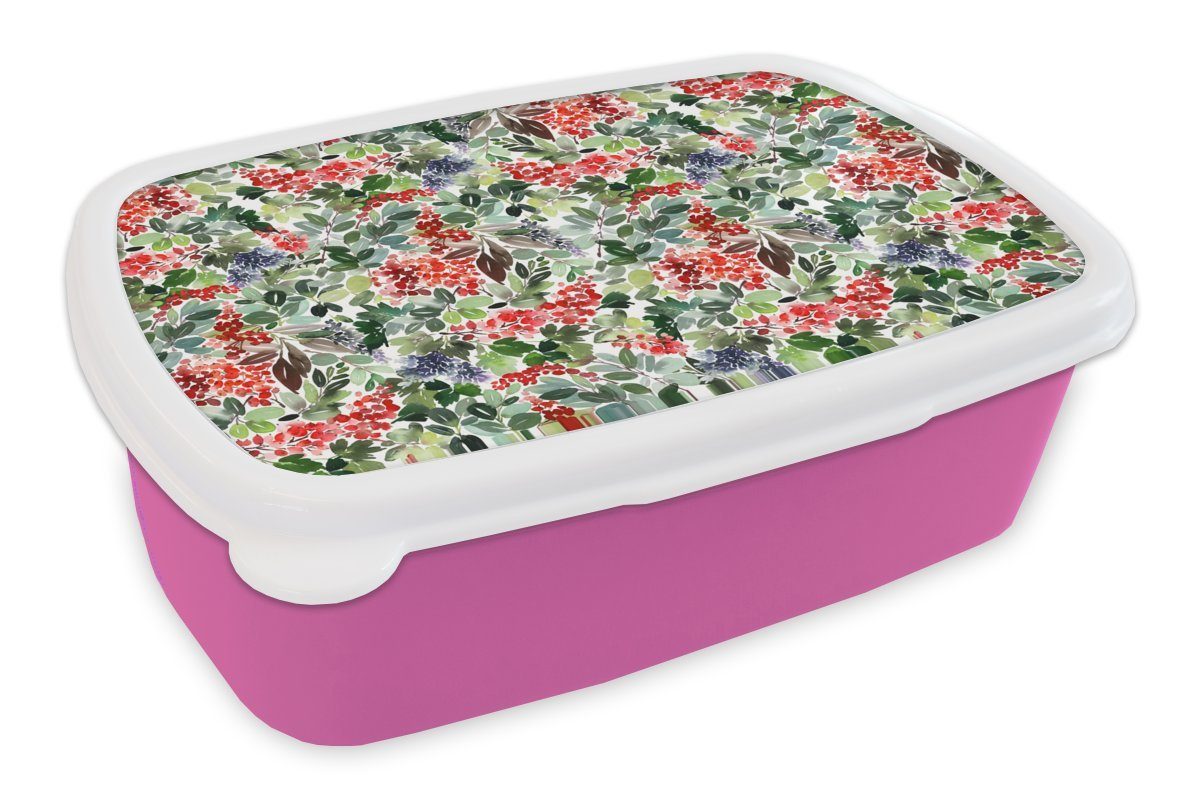 rosa Brotdose Snackbox, Muster, - Pflanzen MuchoWow Kinder, Mädchen, - für Brotbox (2-tlg), Beeren Kunststoff Erwachsene, Lunchbox Kunststoff,