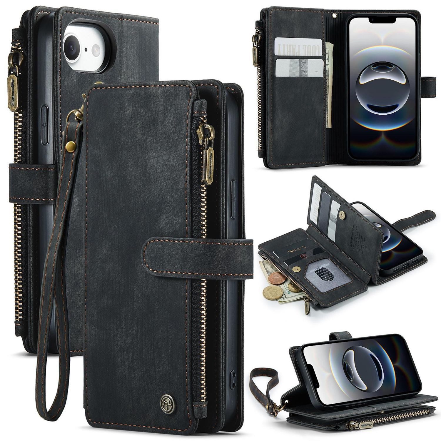 CaseMe Handyhülle Für Apple iPhone 16e Kunstleder Multifunktion Wallet Tasche Schwarz, Kunst-Leder Schutz Tasche Smart Case Multifunktion