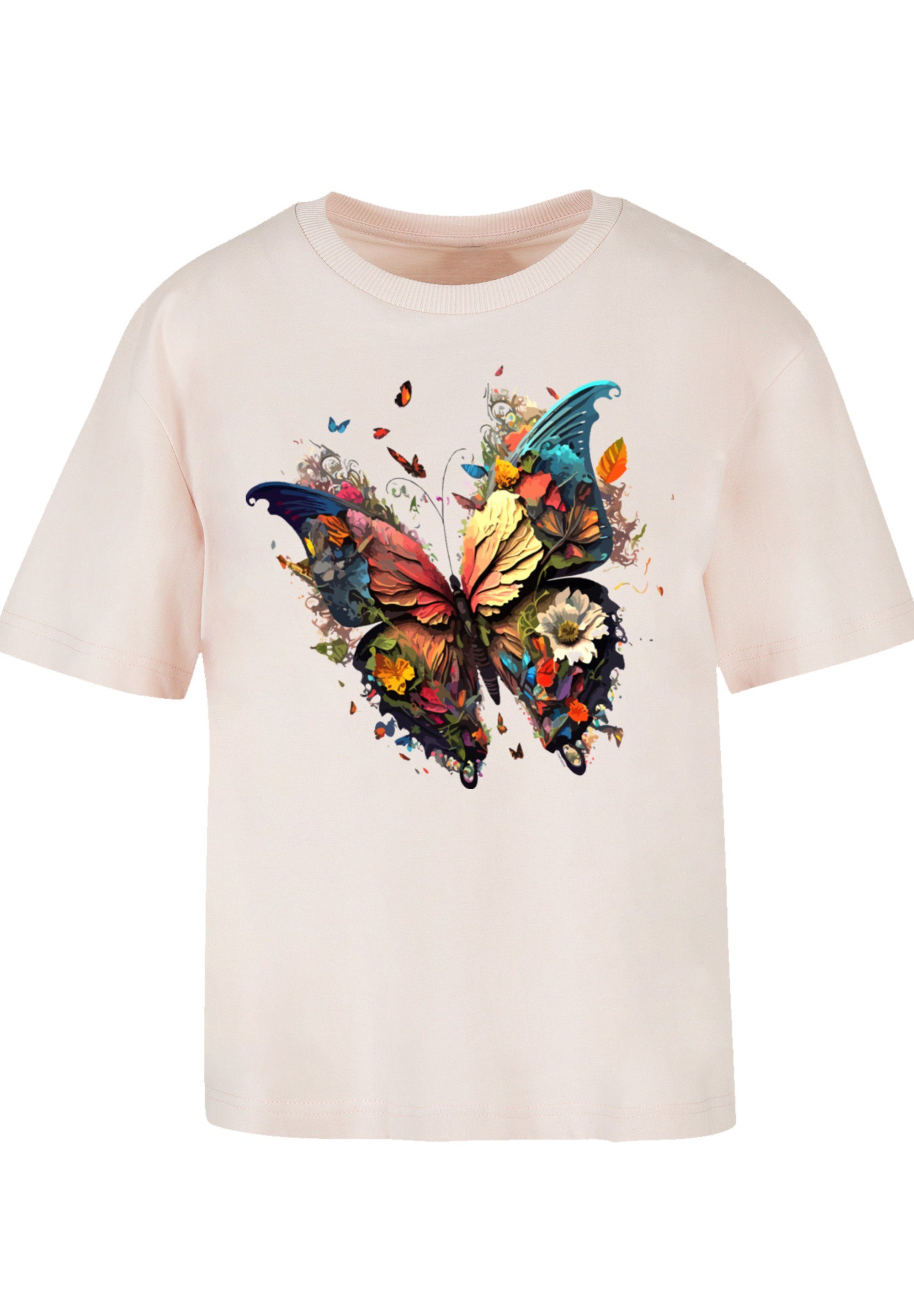 T-Shirt Gerippter Schmetterling Rundhalsausschnitt für Look F4NT4STIC Magic Print, stylischen
