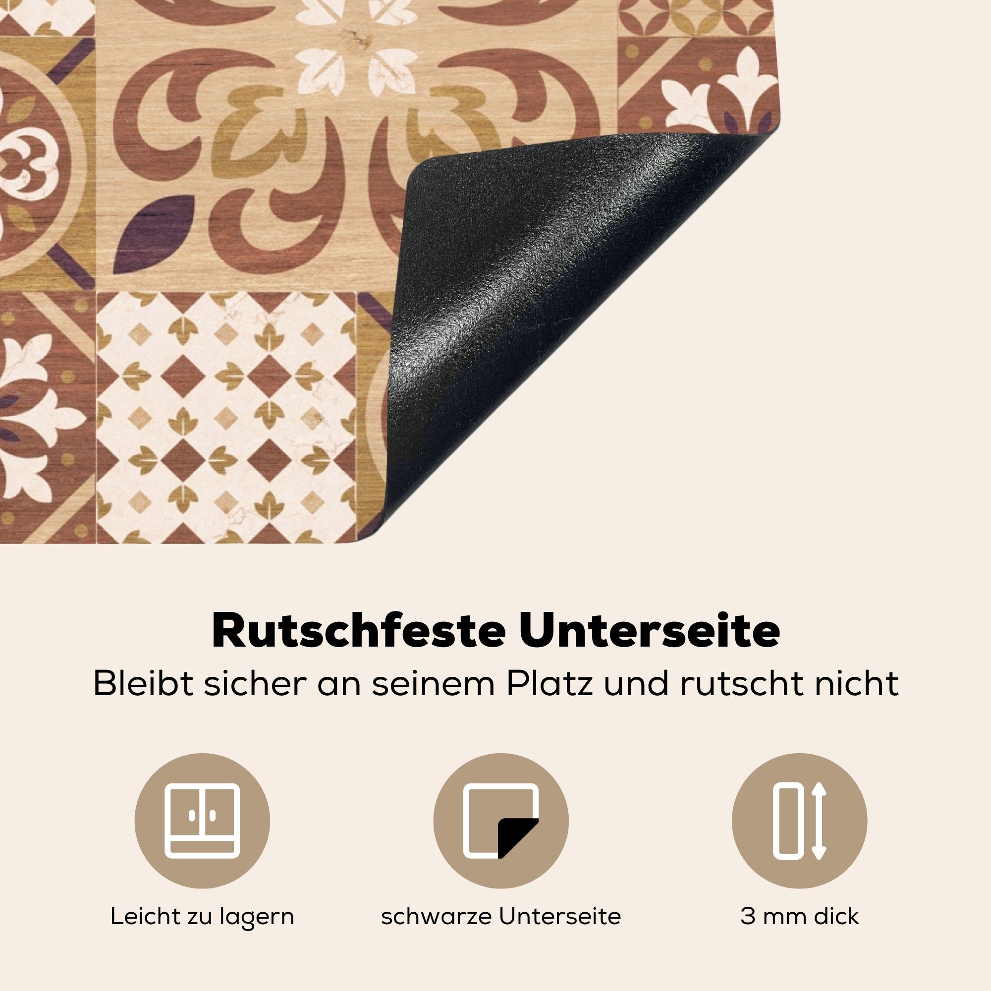 Blumen Design, - tlg), Ceranfeldabdeckung Vinyl, für cm, - Induktionskochfeld - (1 Vintage Figuren - Braun küche, Schutz Herdblende-/Abdeckplatte die 71x52 MuchoWow