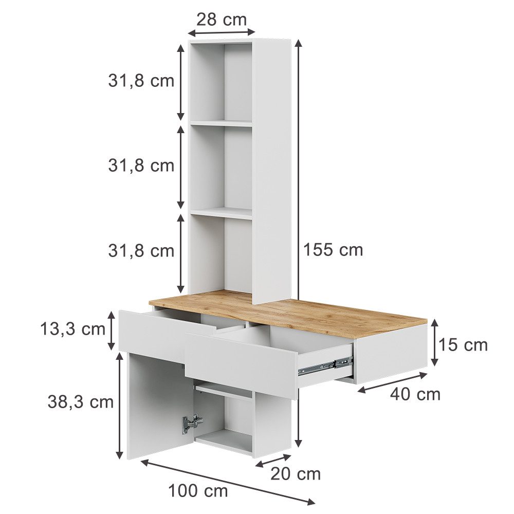 Vicco Schminktisch Melora, Weiß/Eiche, 100 cm (1-St)