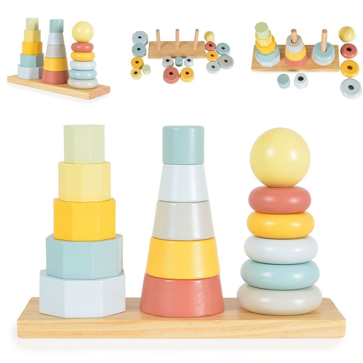 Tooky Toy Stapelspielzeug Holz-Stapelturm-Set TKF008B, (17-tlg), Formsortierer, bunte Stapelpyramiden