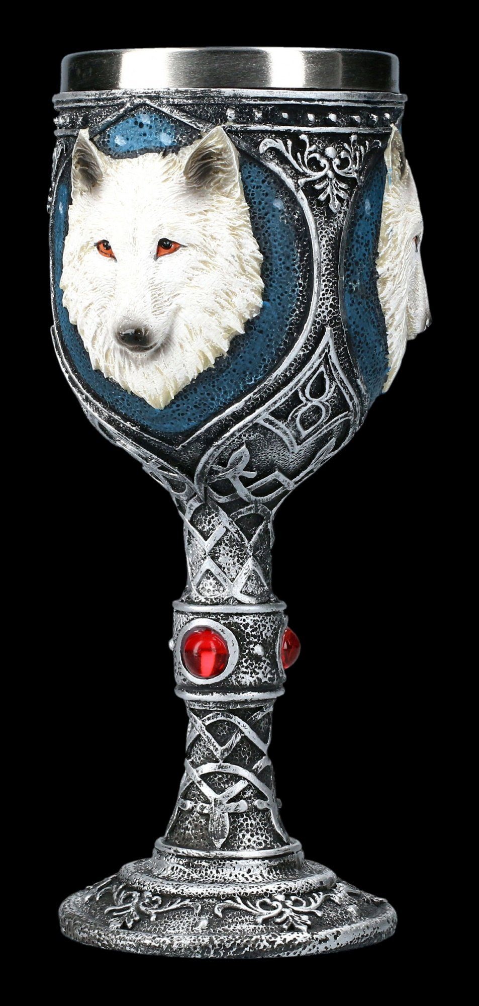 Figuren Shop GmbH Becher Fantasy Kelch - Weißer Wolf mit roten Schmucksteinen - Dekoration, Kunststein (Polyresin), Edelstahl
