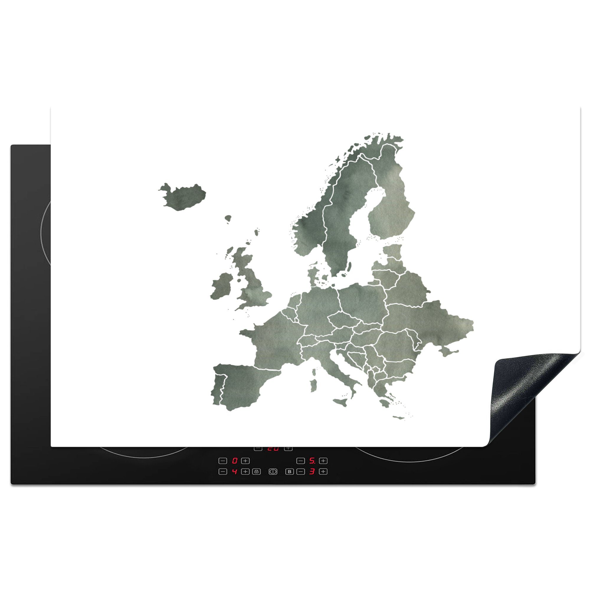 MuchoWow Herdblende-/Abdeckplatte Karte von Europa - Aquarell - Grau, Vinyl, (1 tlg), 81x52 cm, Induktionskochfeld Schutz für die küche, Ceranfeldabdeckung