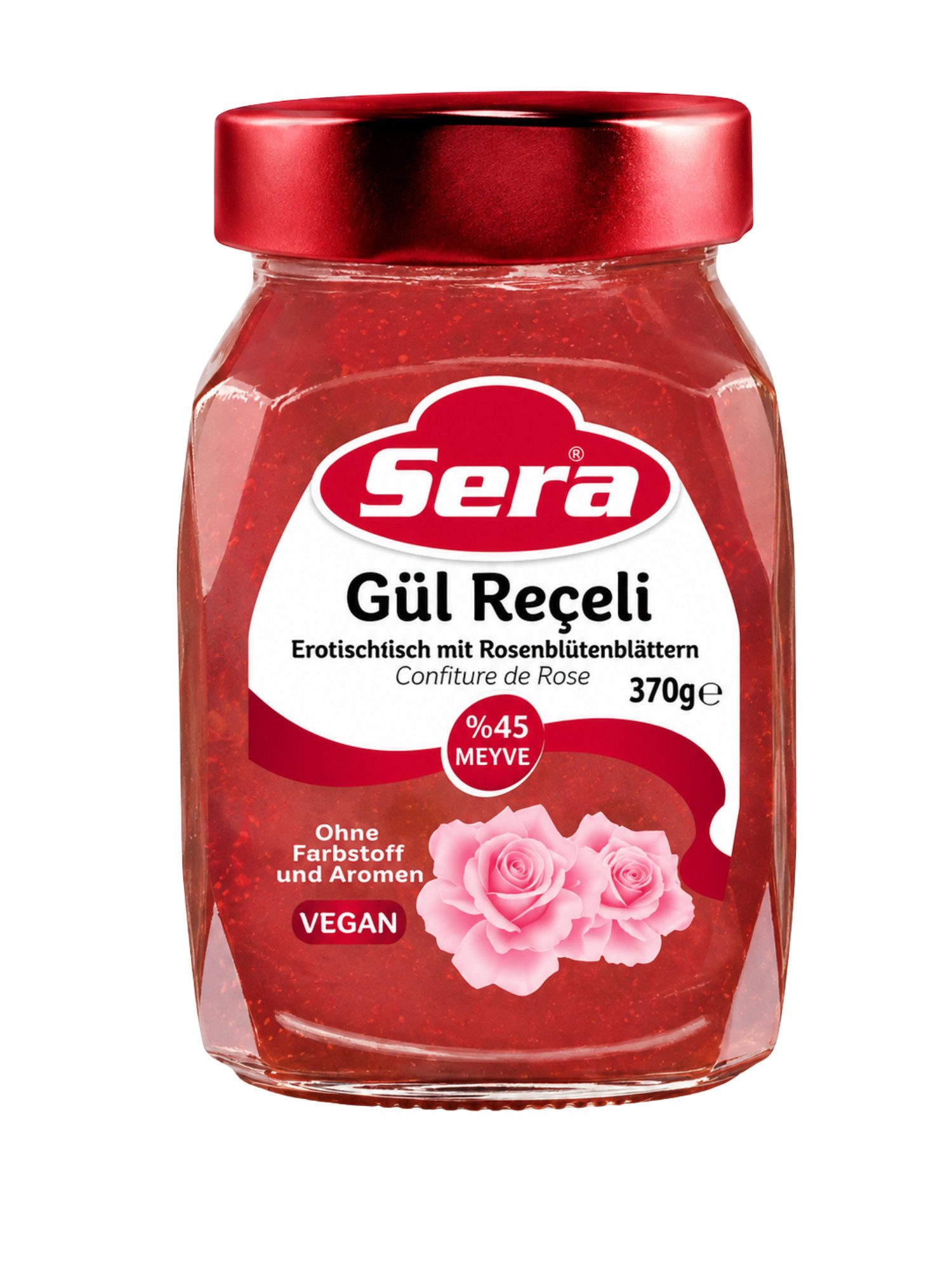 SERA FOOD Saucen Rosenblüten-Konfitüre Extra 370 g – aromatischer Fruchtaufstrich, 1 x 3701 g, 1 St., 45 % Fruchtanteil, Premium Qualität