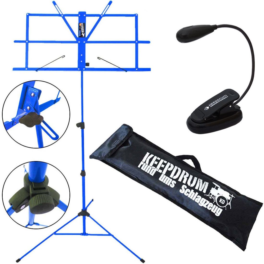 keepdrum Notenpult keepdrum MUS2BL Notenständer Blau mit Leuchte, Vorteils-Set