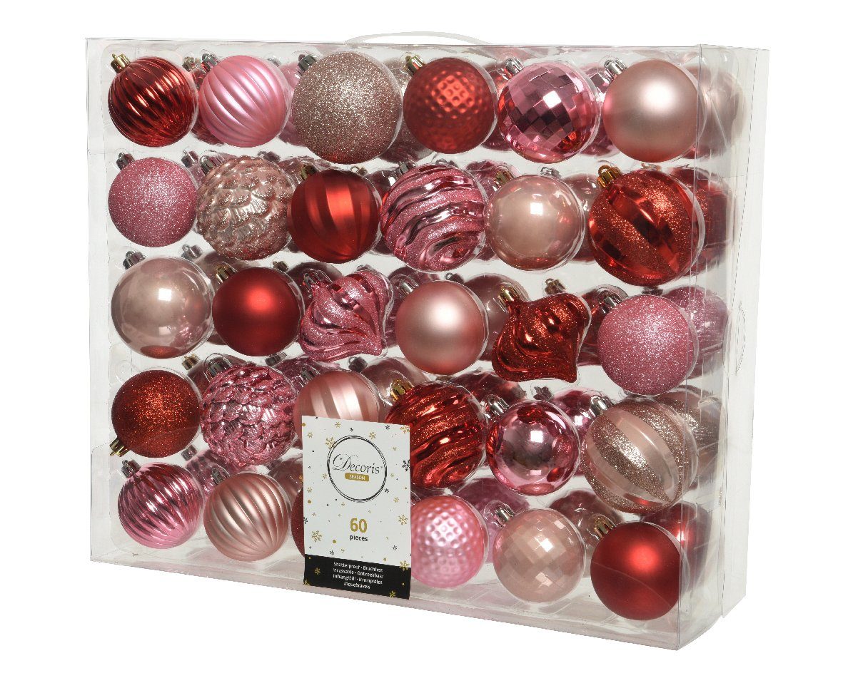 season Weihnachtskugeln Weihnachtsbaumkugel, Rot Kunststoff Ornamente - 60er 6-7cm Rosa Set decorations Decoris Pink
