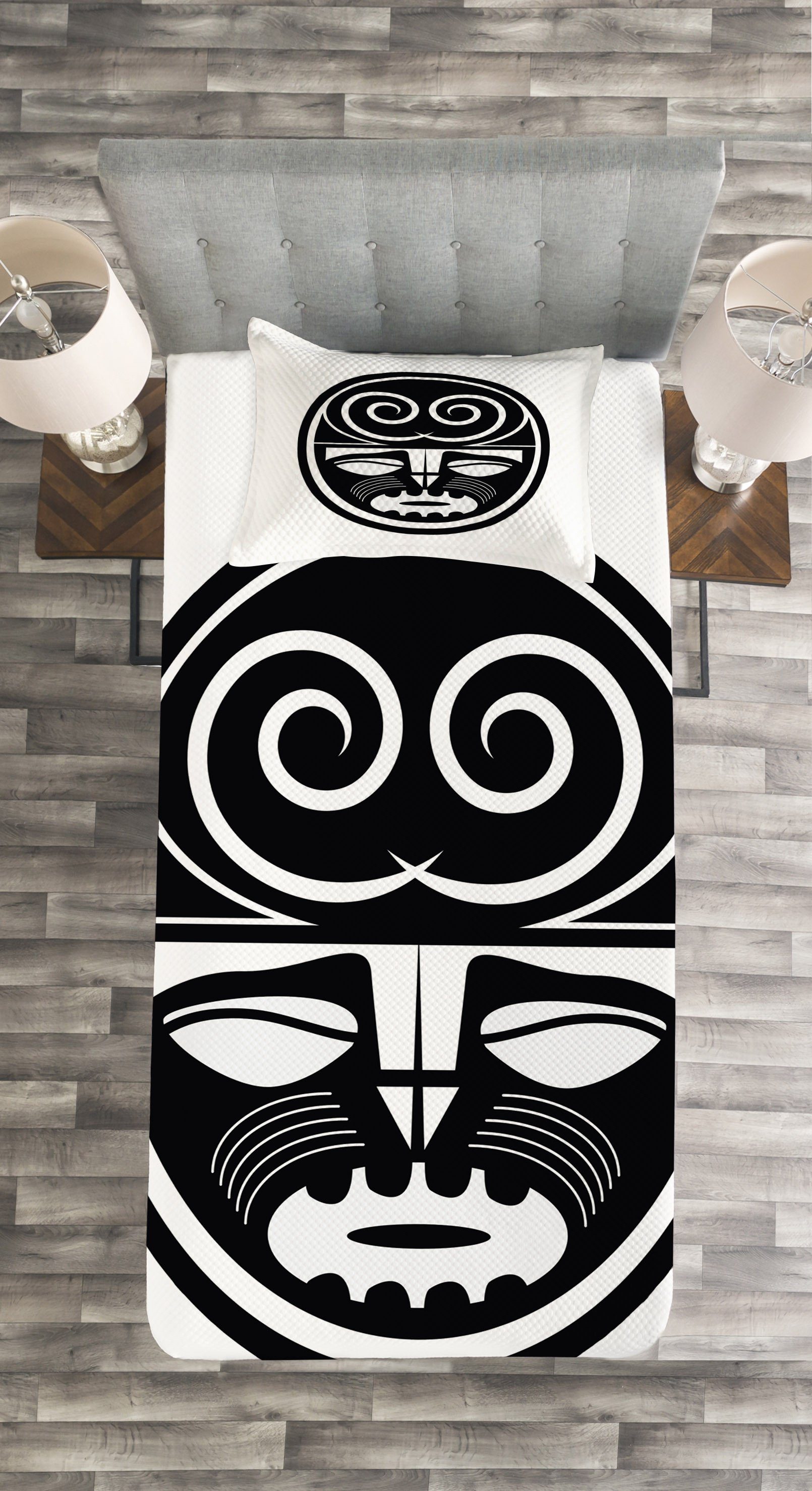 Maori-Masken-Entwurf Ethnisch mit Abakuhaus, Tagesdecke Kissenbezügen Set Waschbar, Schwarz