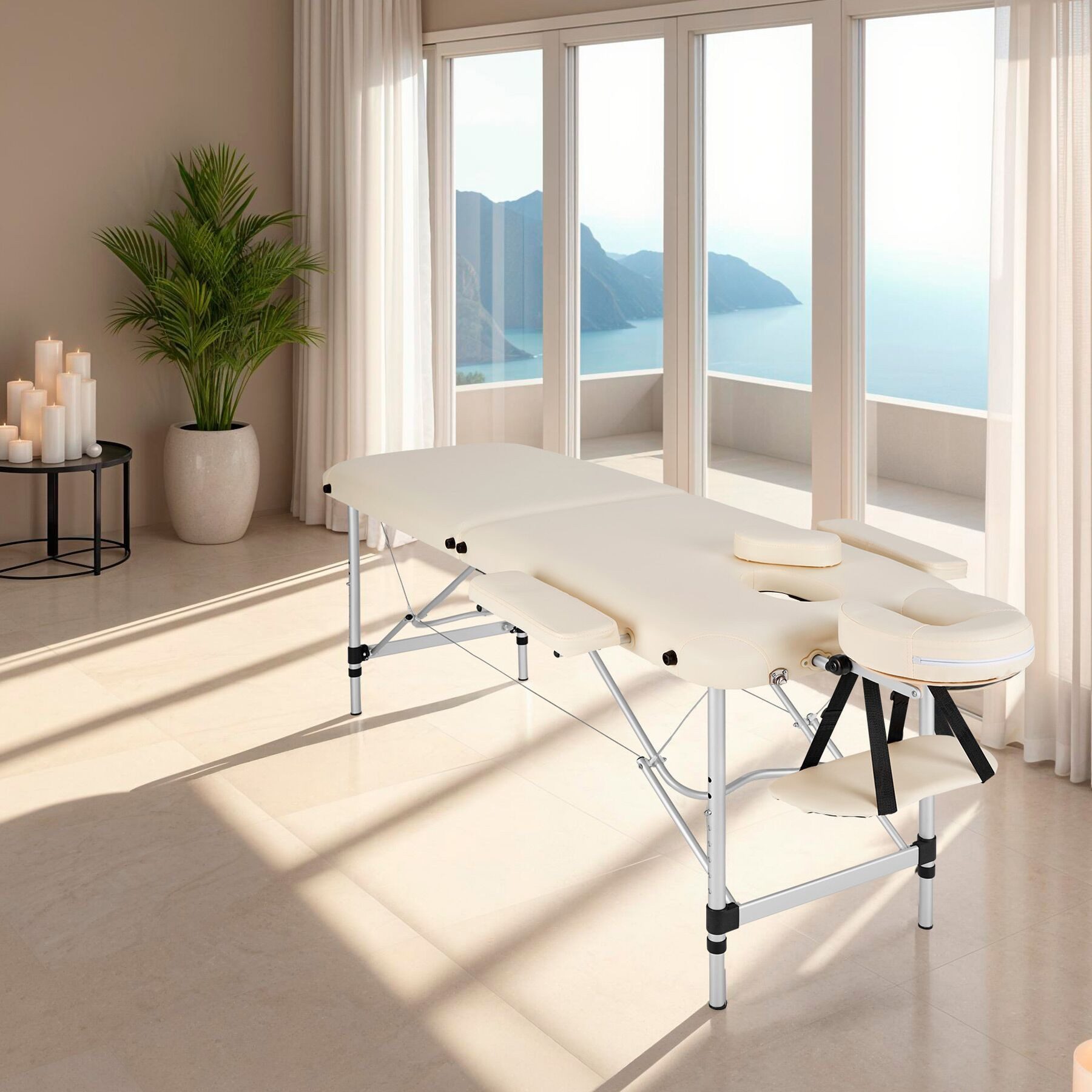 tectake Massageliege Mobiler Massagetisch klappbar mit Aluminiumgestell und Polsterung (Massagetisch Klappbar, 1-St., in Beige), Inkl. Zubehör: Tragetasche, Kopfstütze, Armablagen