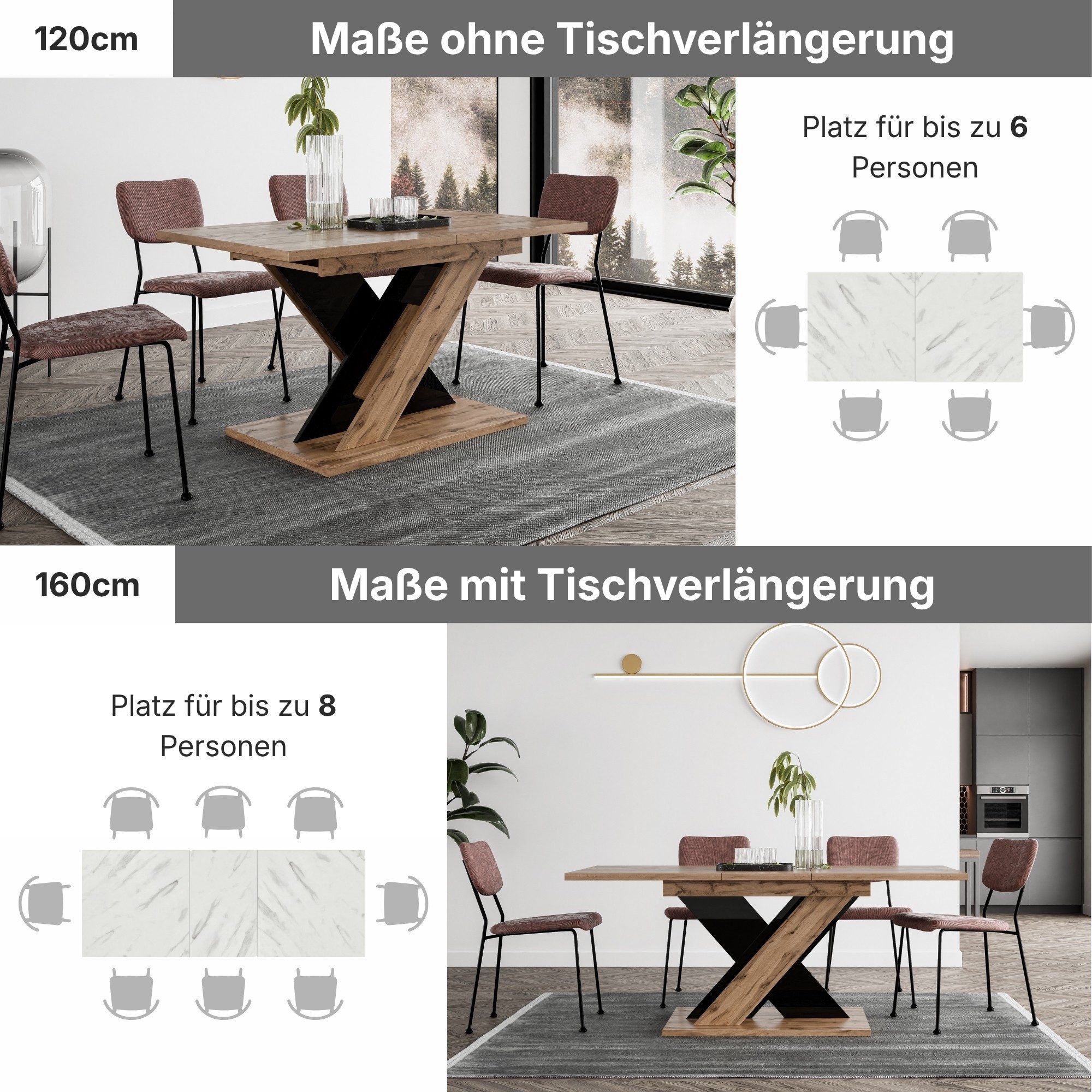 Home Collective Esstisch ausziehbar Tisch Küchentisch Esszimmertisch 120 oder 140 cm (wählbar in 120-160 oder 140-180 x 80 cm Esszimmer Küche Wohnzimmer Esstisch erweiterbar), modernes Design mit X-Gestell Wotan