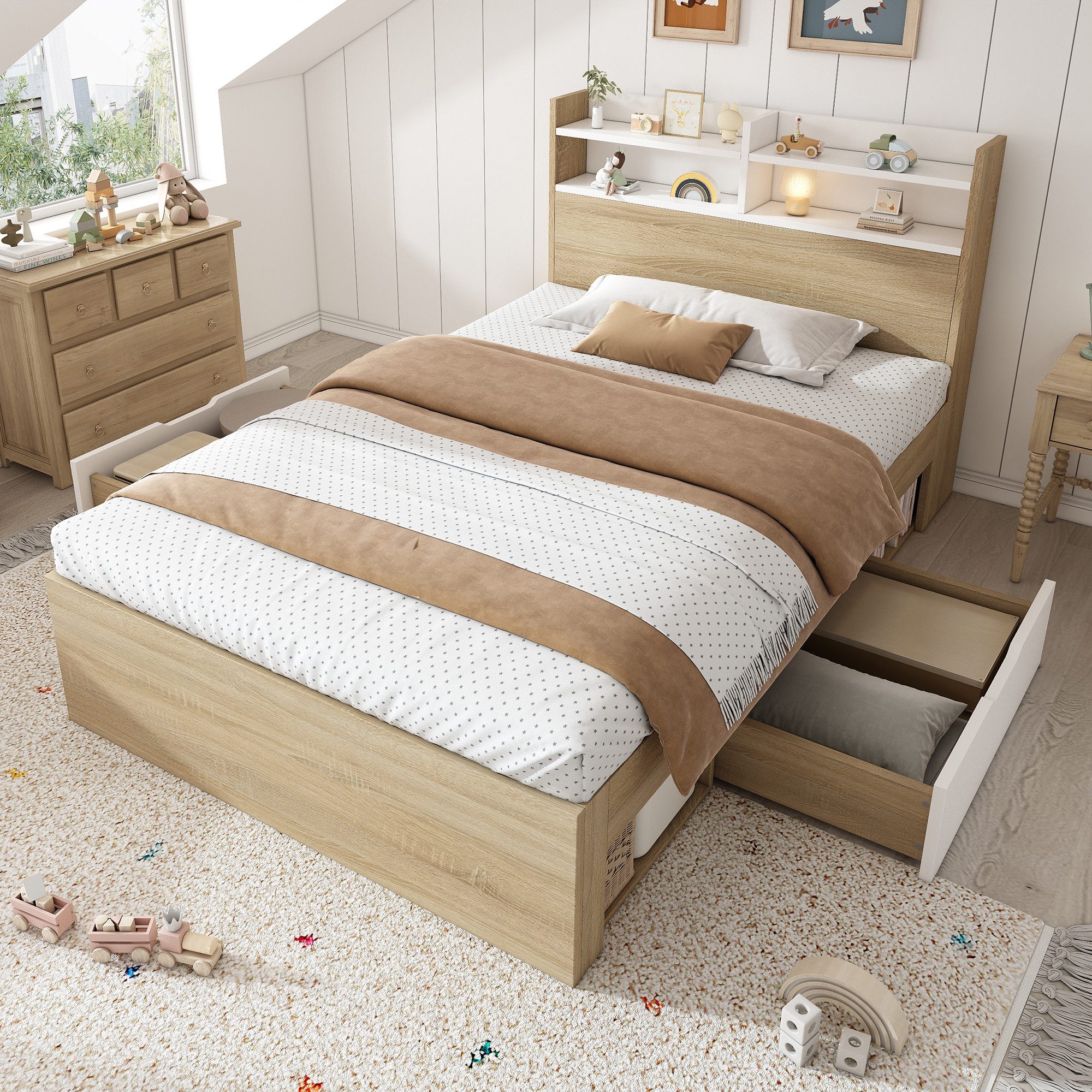 HAUSS SPOLE Polsterbett 90x190 mit Bettkasten,Jugendbett Holzbett mit Schubladen&Fächern (Holzbett, Funktionsbett, 1-tlg., mit Kopfteil-Ablage, 2 Schubladen & offenen Fächern), teilweise Massivholz, platzsparendes Stauraumbett (ohne Matratze)