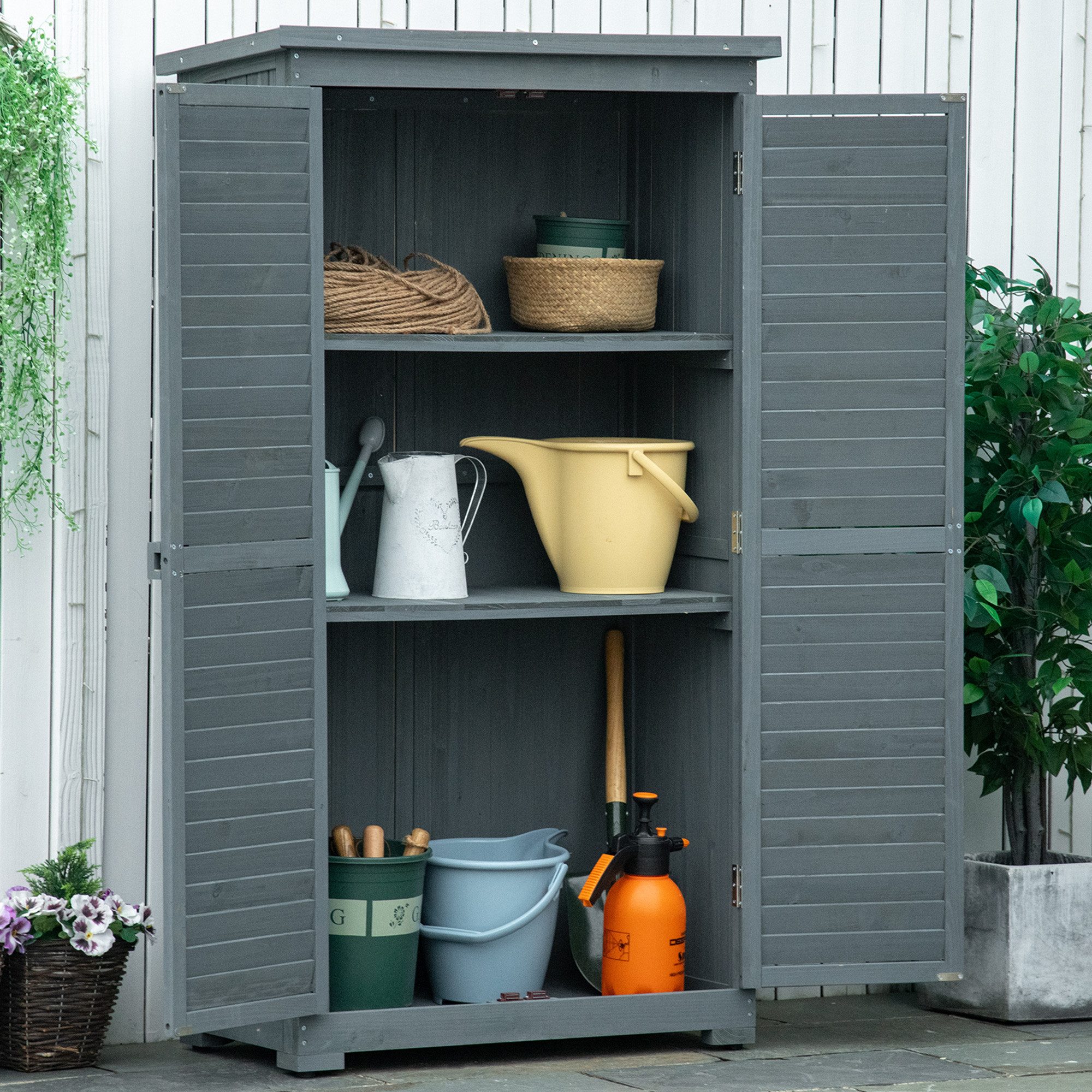 Outsunny Gerätehaus Gartenschrank Holz, Geräteschuppen wetterfest, mit Tür, Pultdach, BxT: 87x46.5 cm, (Gartenschrank, 2 St., Geräteschuppen), Wasserfestes Dach und gute Belüftung