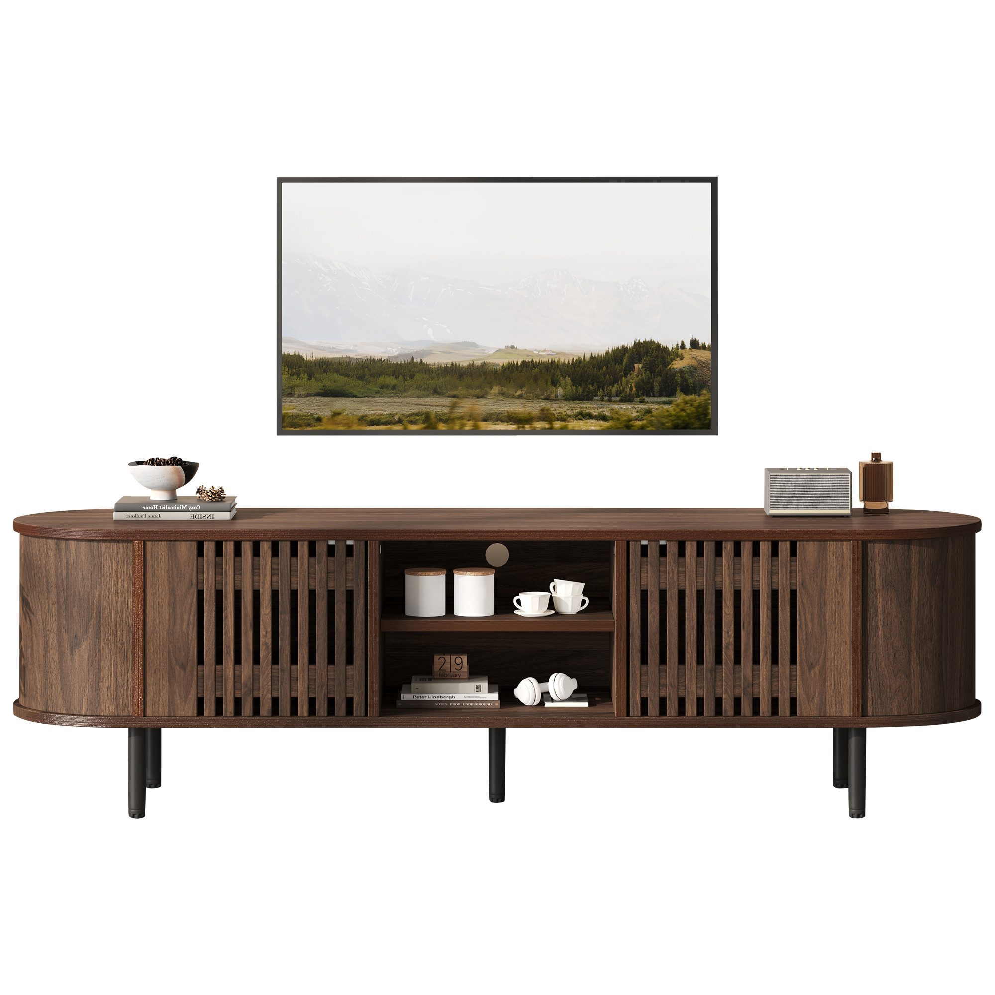 REDOM TV-Schrank Fernsehschrank 160x40x47 cm, walnussfarben mit Lamellentüren (Packung, 1-St., Walnuss-TV-Lowboard 2-Schränke & durchbrochenes Holzdesign) Walnussfarbener Fernsehtisch,TV-Ständer mit 5 Stützbeinen