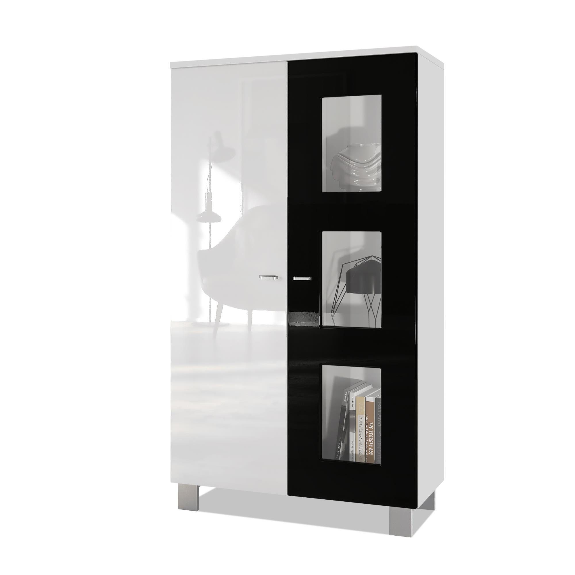 Vladon Standvitrine Denjo (Standvitrine, mit 2 Türen und 3 Glaseinsätzen) Weiß matt/ Weiß Hochglanz/ Schwarz Hochglanz (71 x 129 x 35 cm) Tür in Schwarz Hochglanz