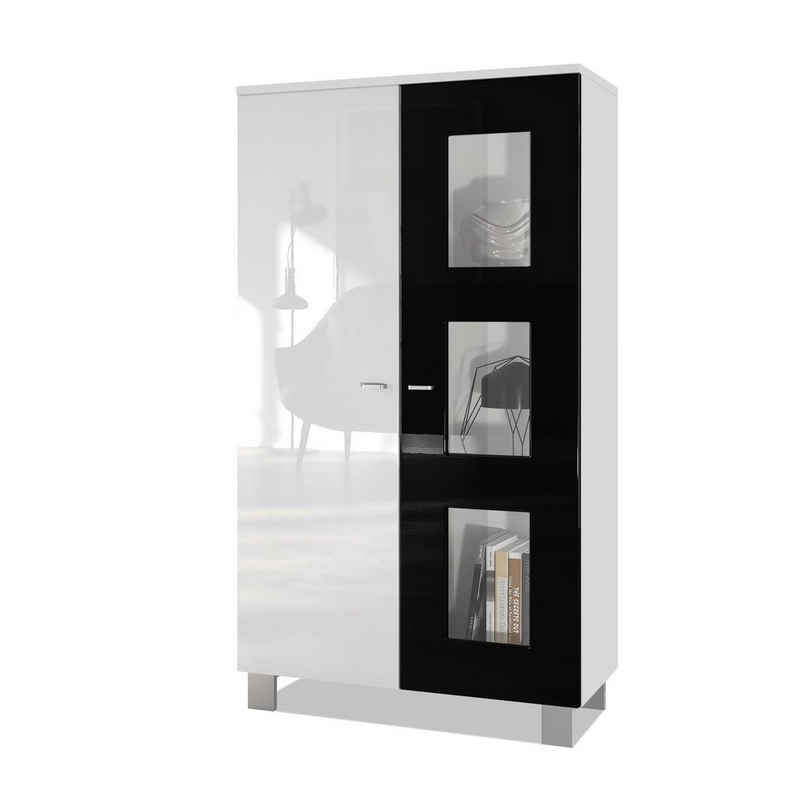 Vladon Vitrine »Denjo« Standvitrine mit 2 Türen und 3 Glaseinsätzen, Weiß matt/ Weiß Hochglanz/ Schwarz Hochglanz (71 x 129 x 35 cm)