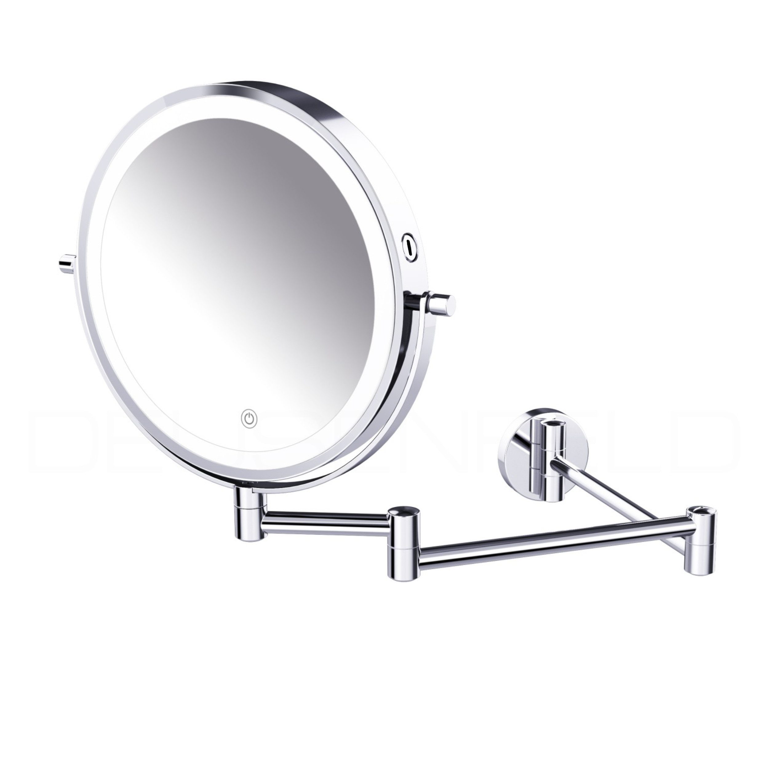 DEUSENFELD Kosmetikspiegel Wand-Akku-Doppel-LED WL53CA / WL73CA / WL103CA (5x/7x/10x Vergrößerung + Normalspiegel, 10Min Abschalttimer, Dimmer, 3 Lichtfarben, 3000mAh Akku, USB-C), 3-Fach Gelenkarm, 49cm Ausladung !
