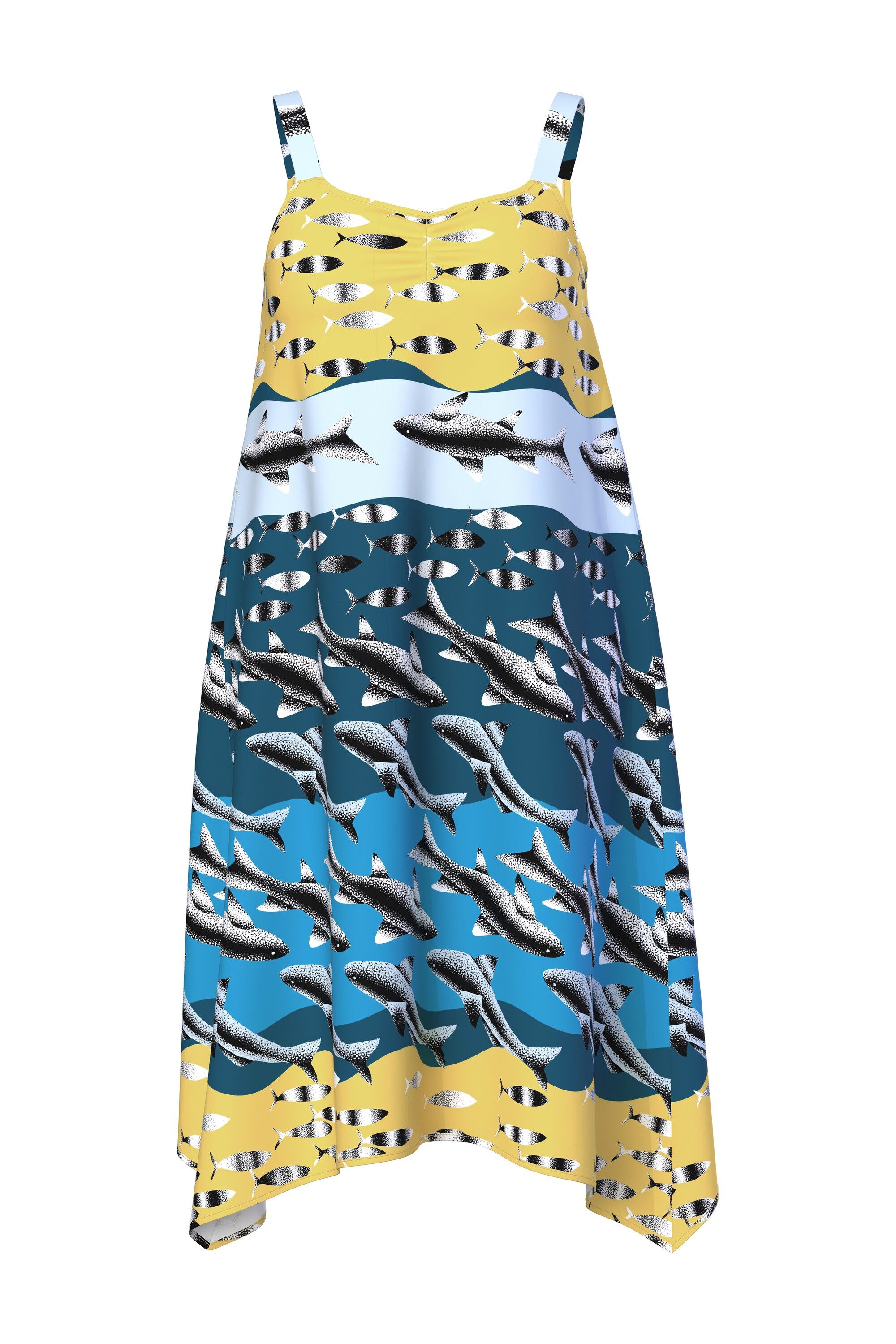 Ulla Popken Strandkleid Kleid Fische A-Linie V-Ausschnitt ärmellos günstig online kaufen