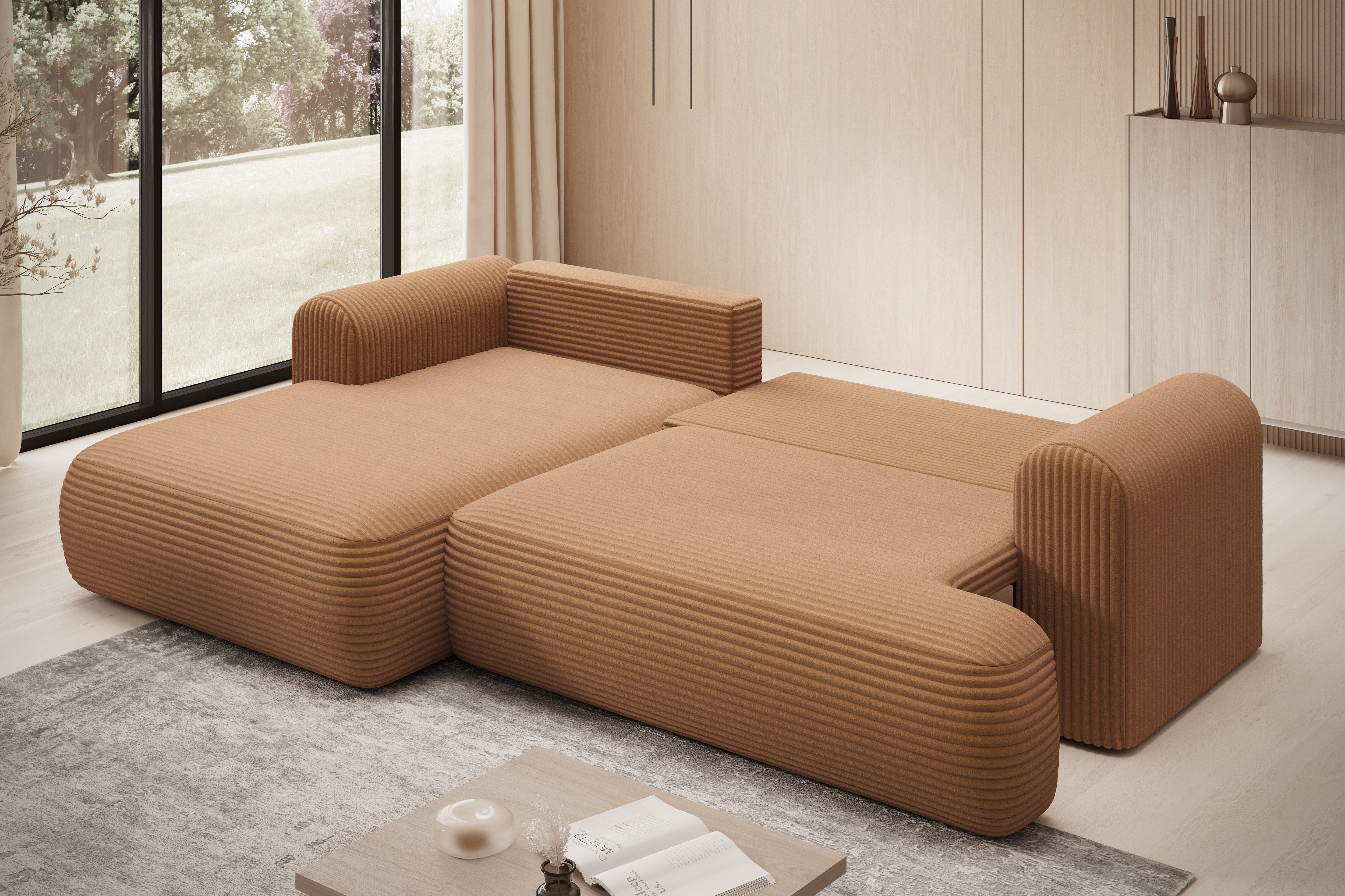 thematys Ecksofa mit Schlaffunktion und Bettkasten, L-Form, Cord und Bouclé + 2 Kissen, 260 x 165cm - Luxus Couch mit Bettfunktion mit Bonnellfedern