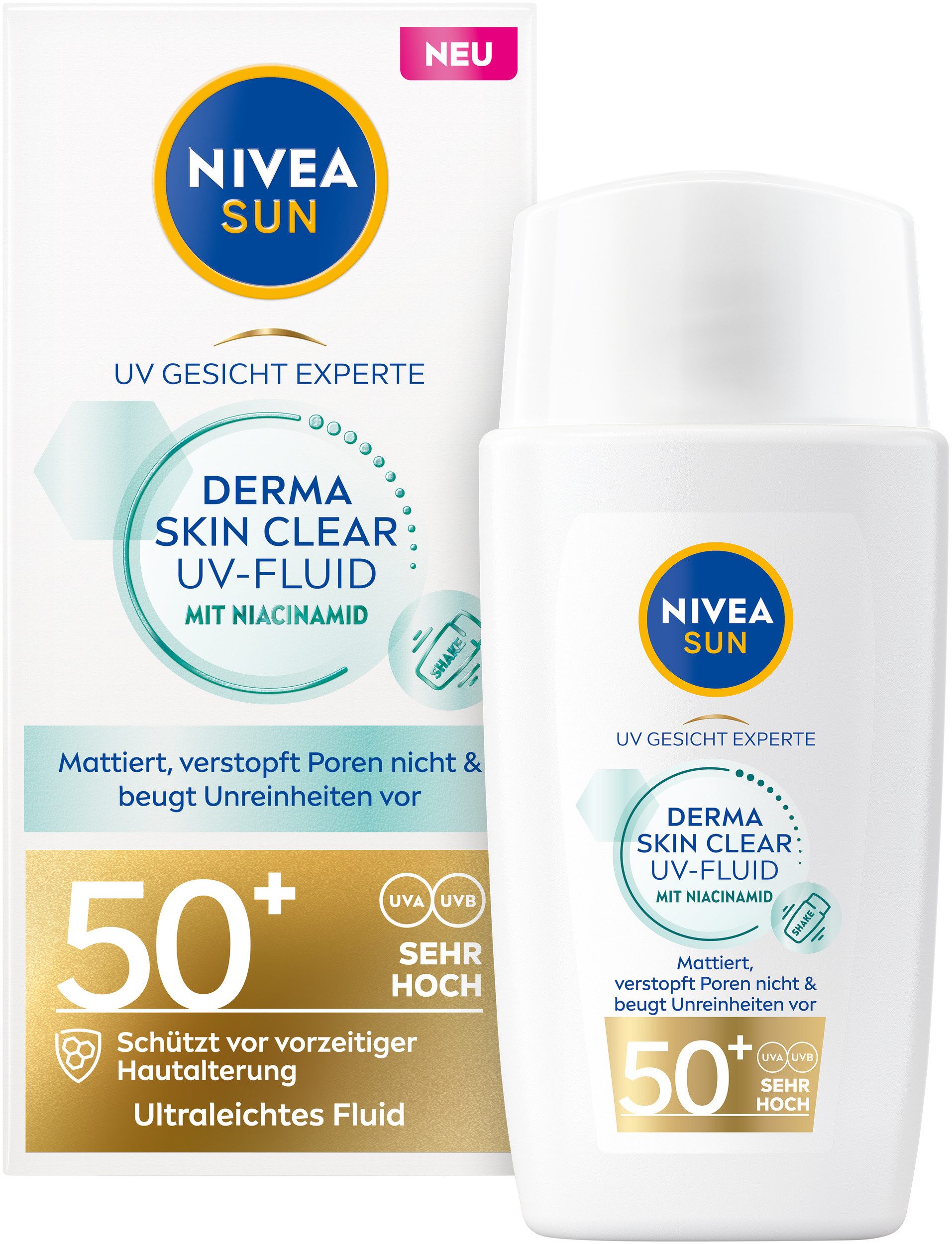 Nivea Sun Sonnenschutzfluid NIVEA SUN UV Gesicht Experte DERMA SKIN CLEAR UV-Fluid LSF 50+, für das Gesicht, mit LSF 50+, nicht fettend, unter Make-up