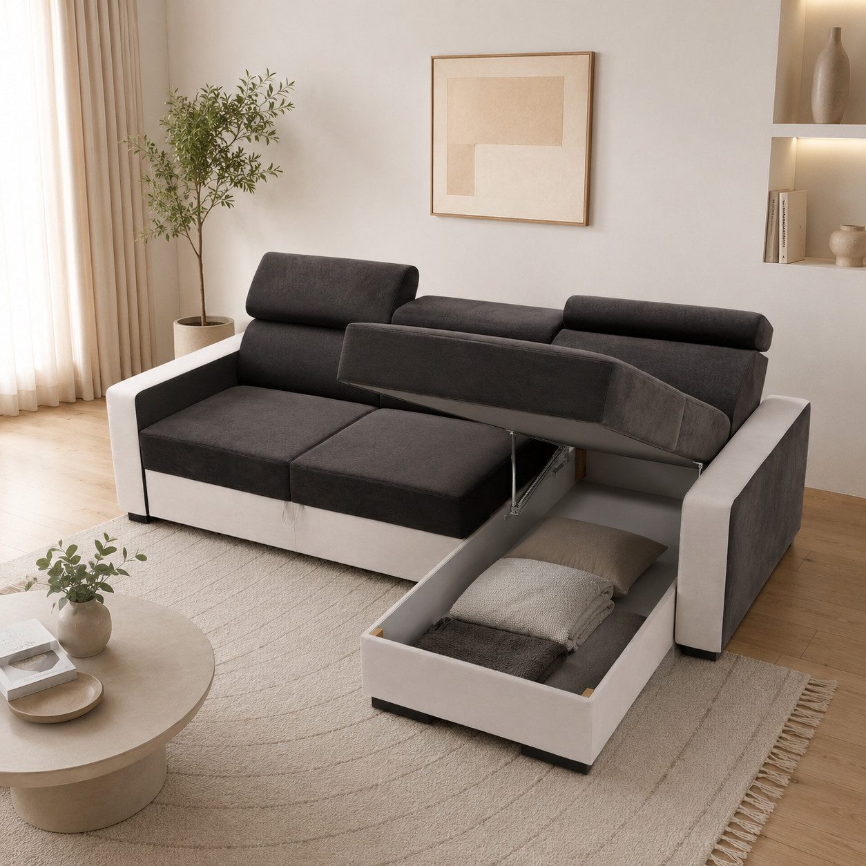 Goldstoff Ecksofa mit Schlaffunktion & Bettkasten - DIWIA L-Form Sofa, mit Schlaffunktion, Couch für Wohnzimmer - Schlafsofa - Eckcouch, 3 verstellbare Kopfstützen - Easy Clean-Beschichtung