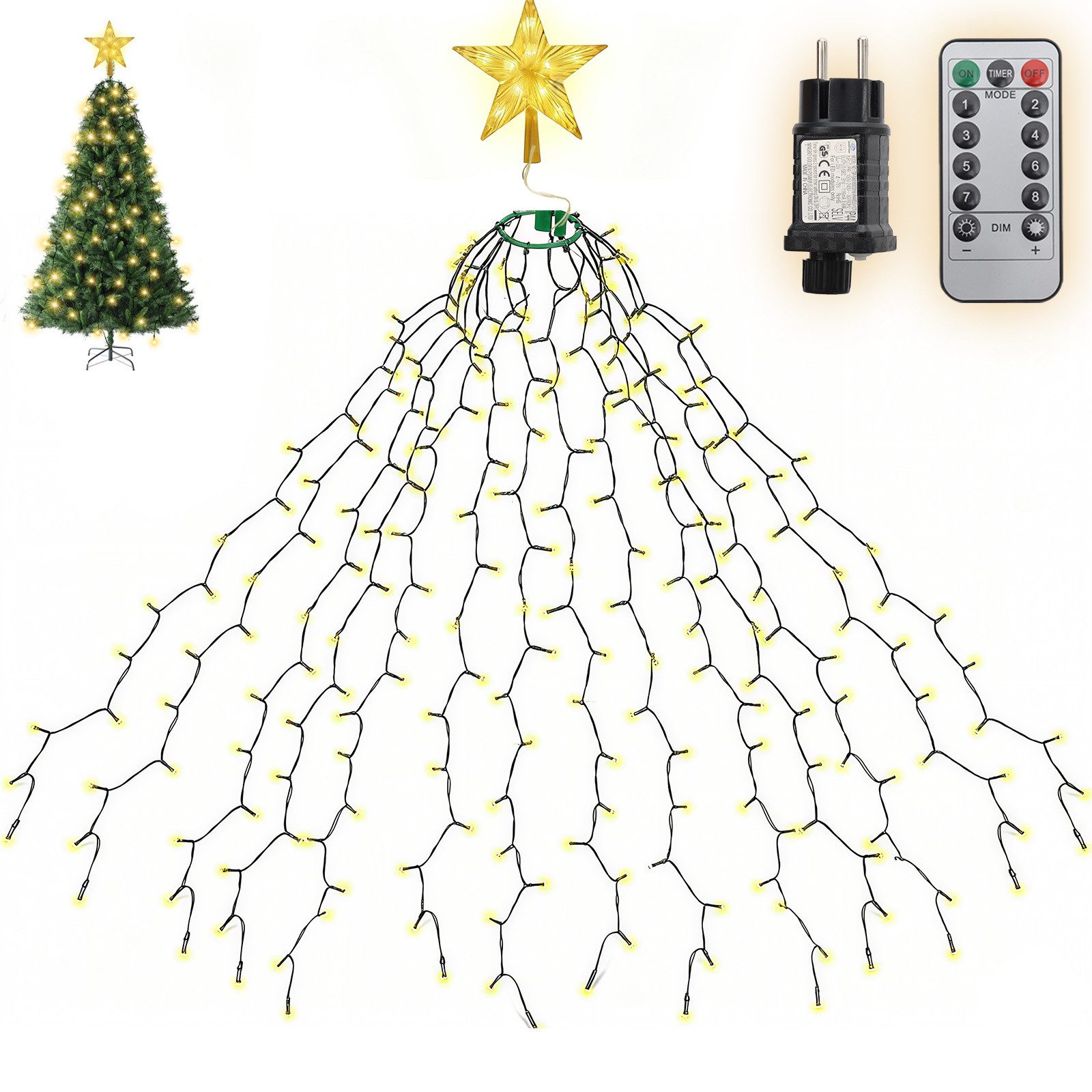 Salcar LED-Lichterkette LED Lichterkette Weihnachtsbaum mit Ring weihnachtsbaumbeleuchtung, Fernbedienung 3m 500 LED mit 14 Girlanden mit Baumspitze-Stern