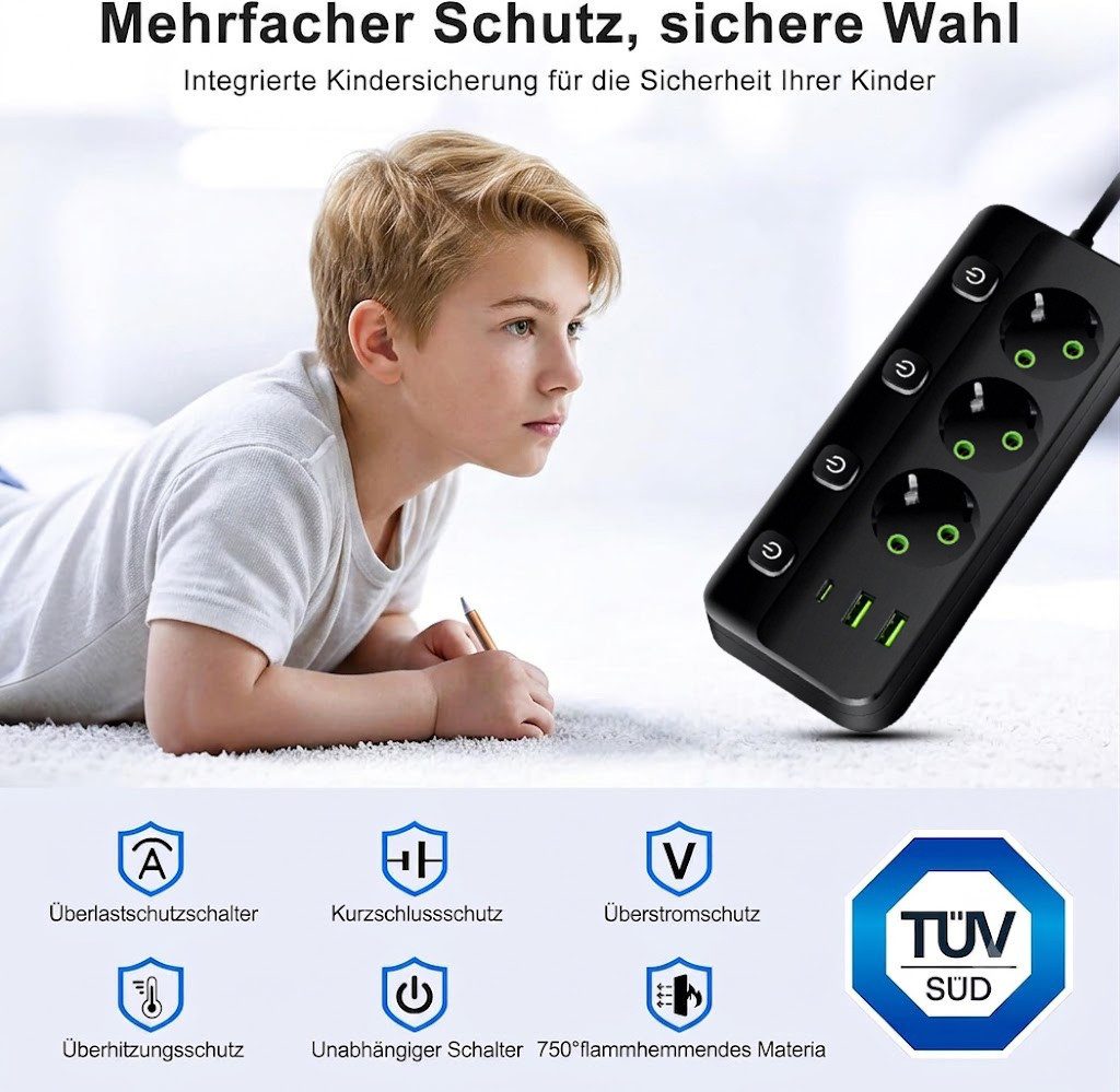 Forrlite Steckdosenleiste 3 fach, Mehrfachsteckdose mit usb & einzelne Schalter Steckdosenleiste 3-fach (Schalterbeleuchtung, separate Ein- / Ausschalter, Schut – Bild 4 von 5