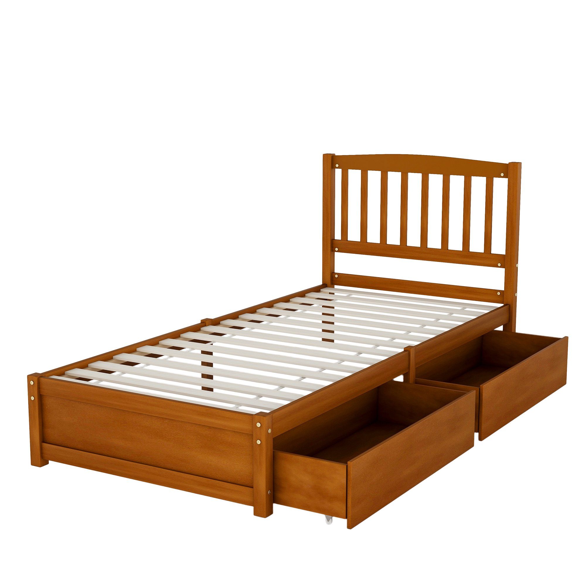 Massivholzbett (Einzelbett, mit 2 Schubladen, Lattenrost und Kopfteil), Kinderbett Jugendbett 90 x 200 cm, Kiefernholz