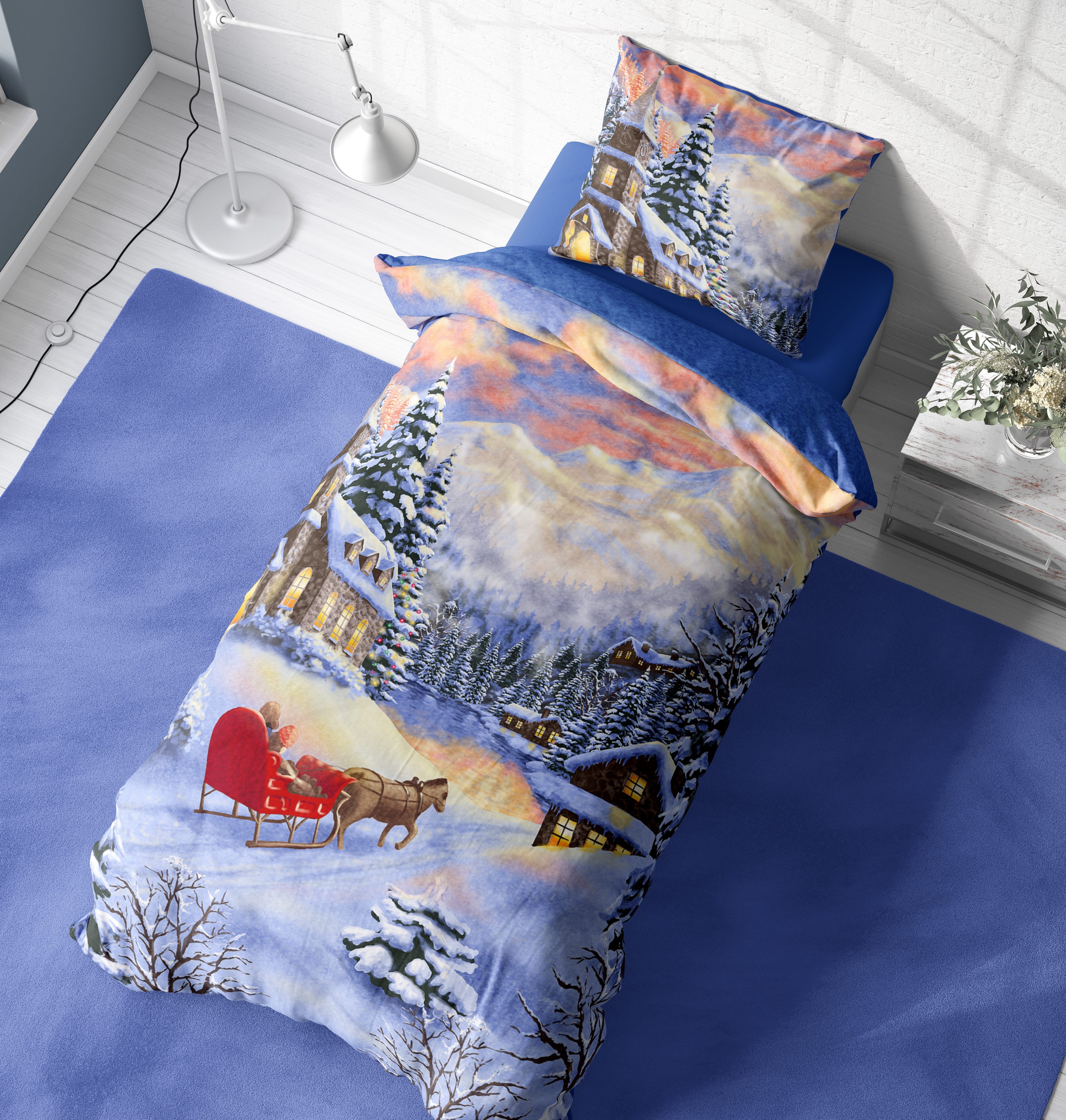 One Home Bettwäsche Bergsee Weihnachtsbettwäsche, Fleece, 4 teilig, Winterdorf und Weihnachten, kuschelig flauschig warm weich Winter – Bild 4 von 5