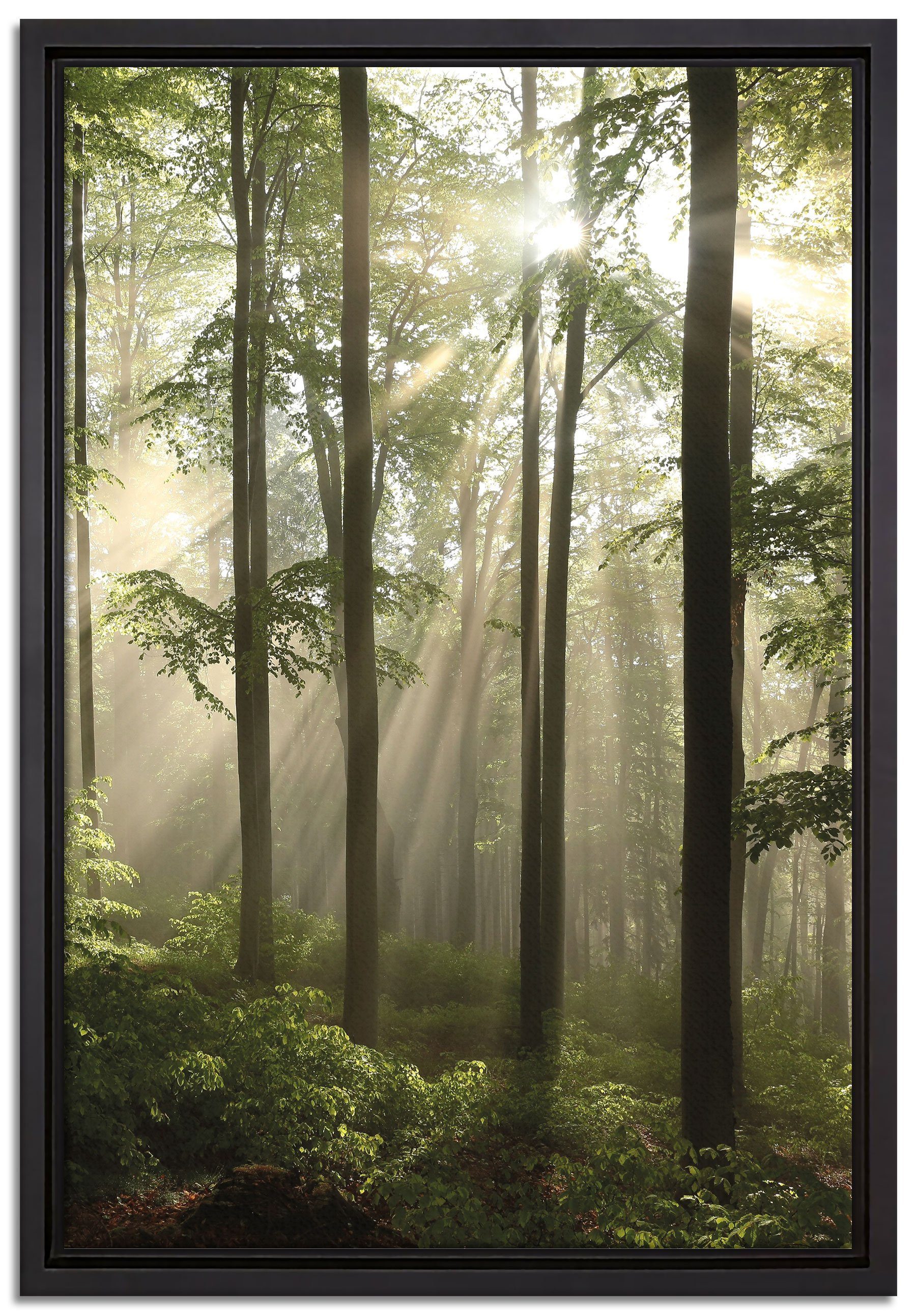 Pixxprint Leinwandbild Sonnenstrahlen im Wald, Wanddekoration (1 St), Leinwandbild fertig bespannt, in einem Schattenfugen-Bilderrahmen gefasst, inkl. Zackenaufhänger