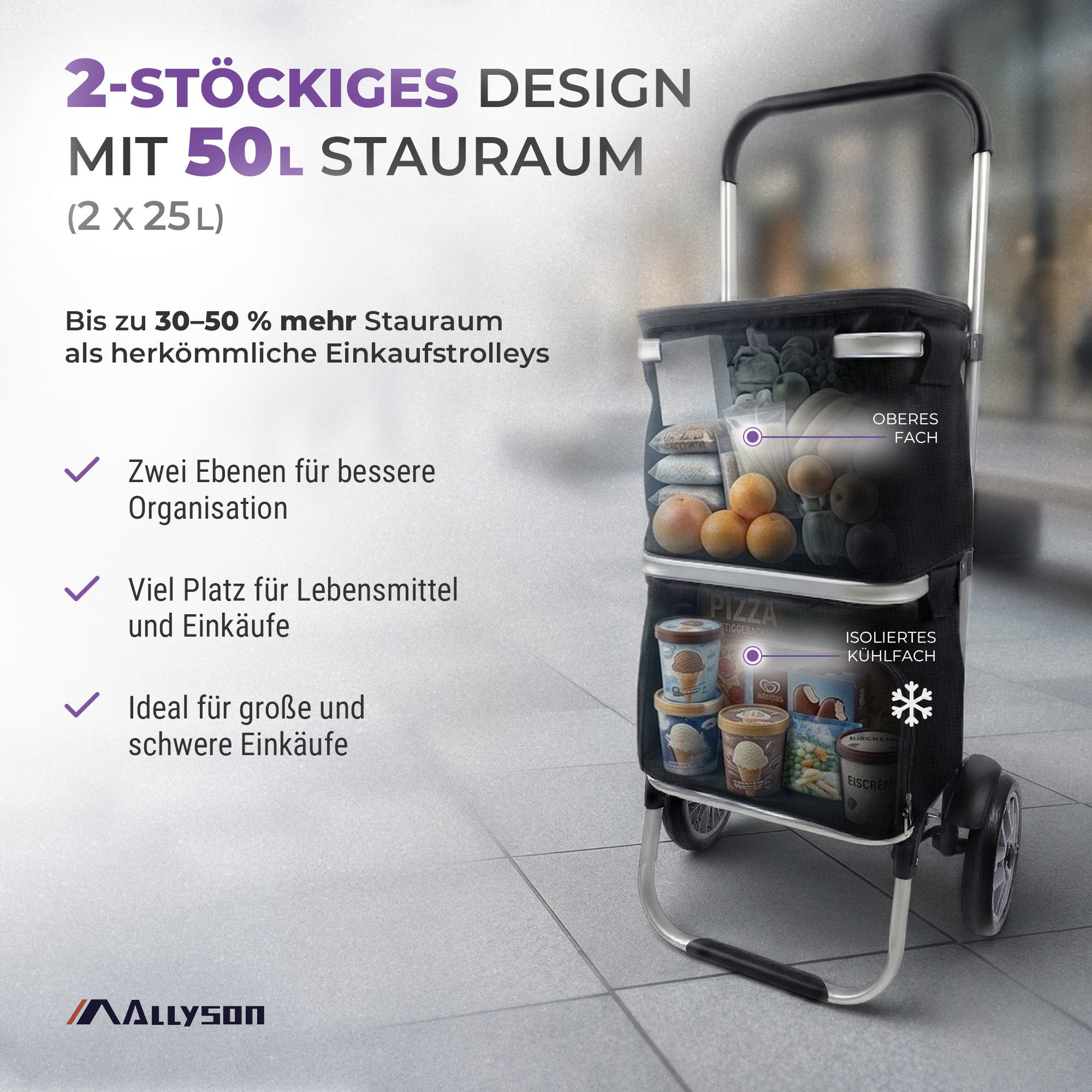 Allyson Einkaufstrolley Einkaufswagen klappbar, Einkauftrolley mit 56L Kapazität & Kühlfach, 900D Oxford & Doppel-Tasche klappbar & Leise Rollen