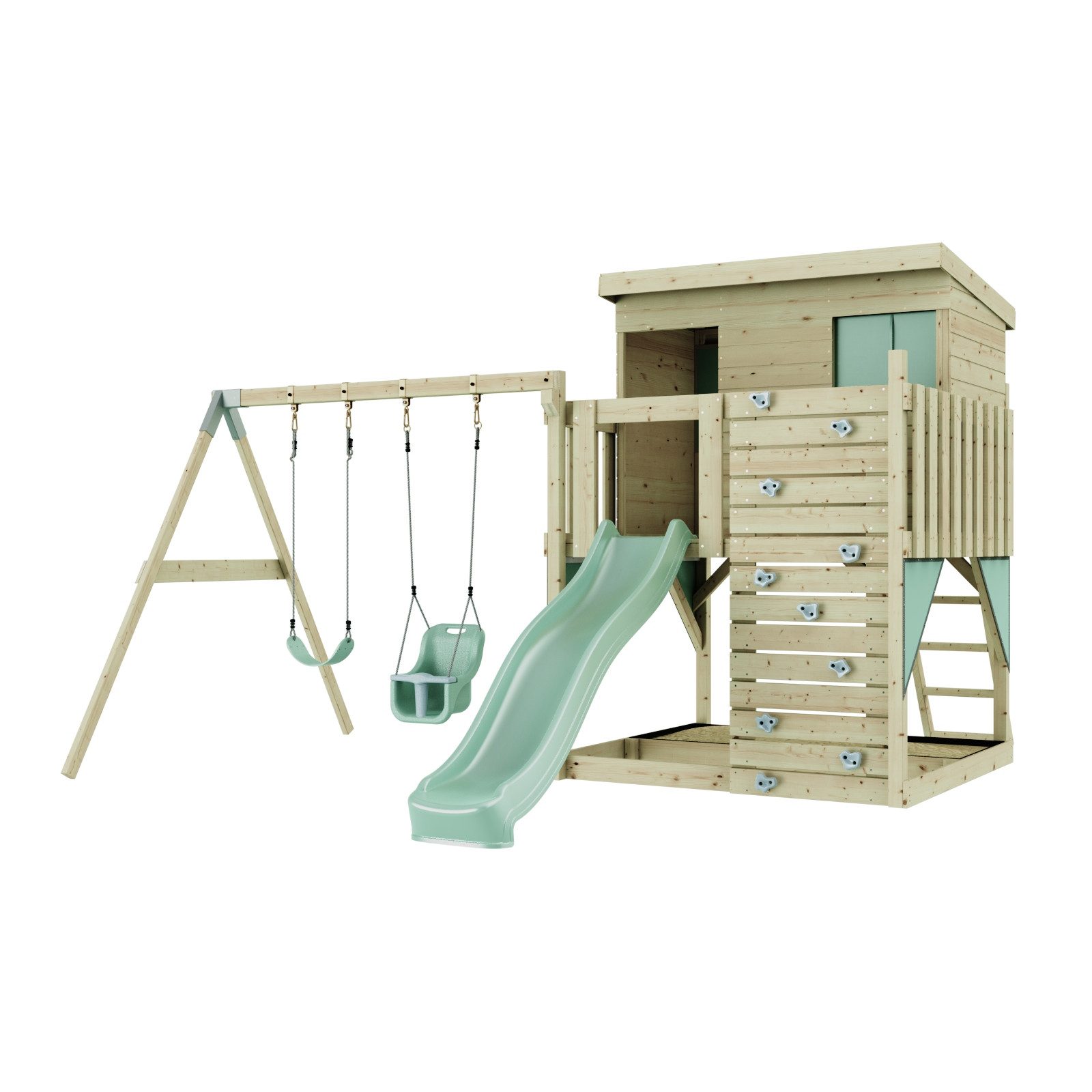 OutdoorToys Spielturm Nils, aus Holz in Mintgrün mit Babyschaukel & Rutsche, Kletterwand