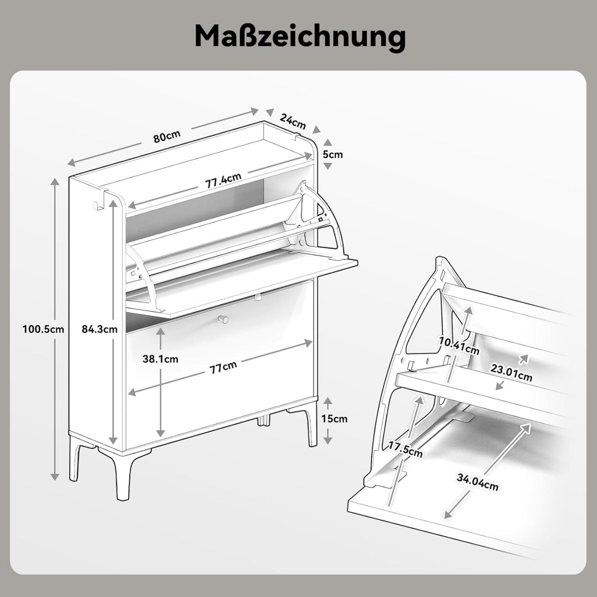 OUNUO Schuhschrank Schuhregal mit Schubladen und Metallfüßen, 60/80cm