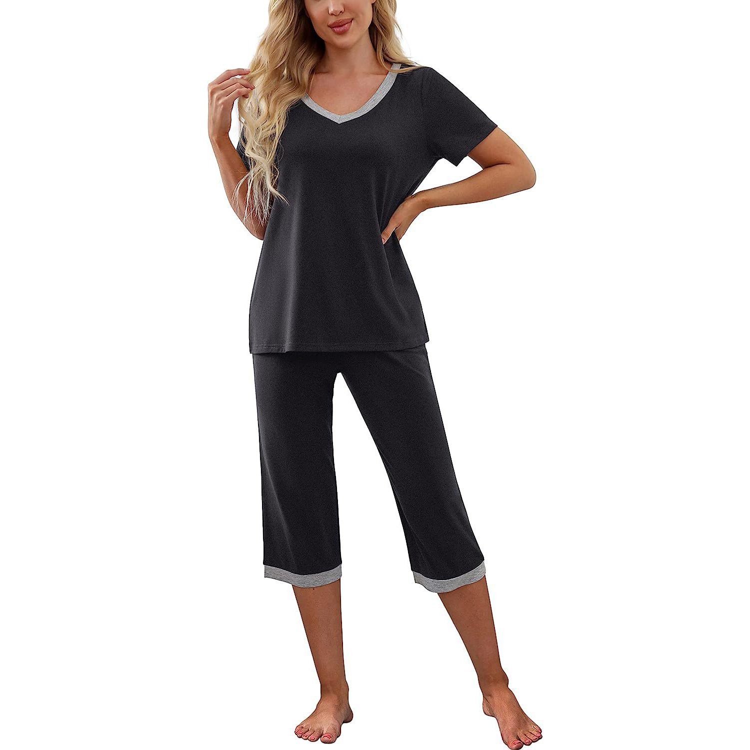 Zeaicos Pyjama Schlafanzüge für Damen Nachtwäsche Kurzarm T-Shirt Schlafanzughosen Grau
