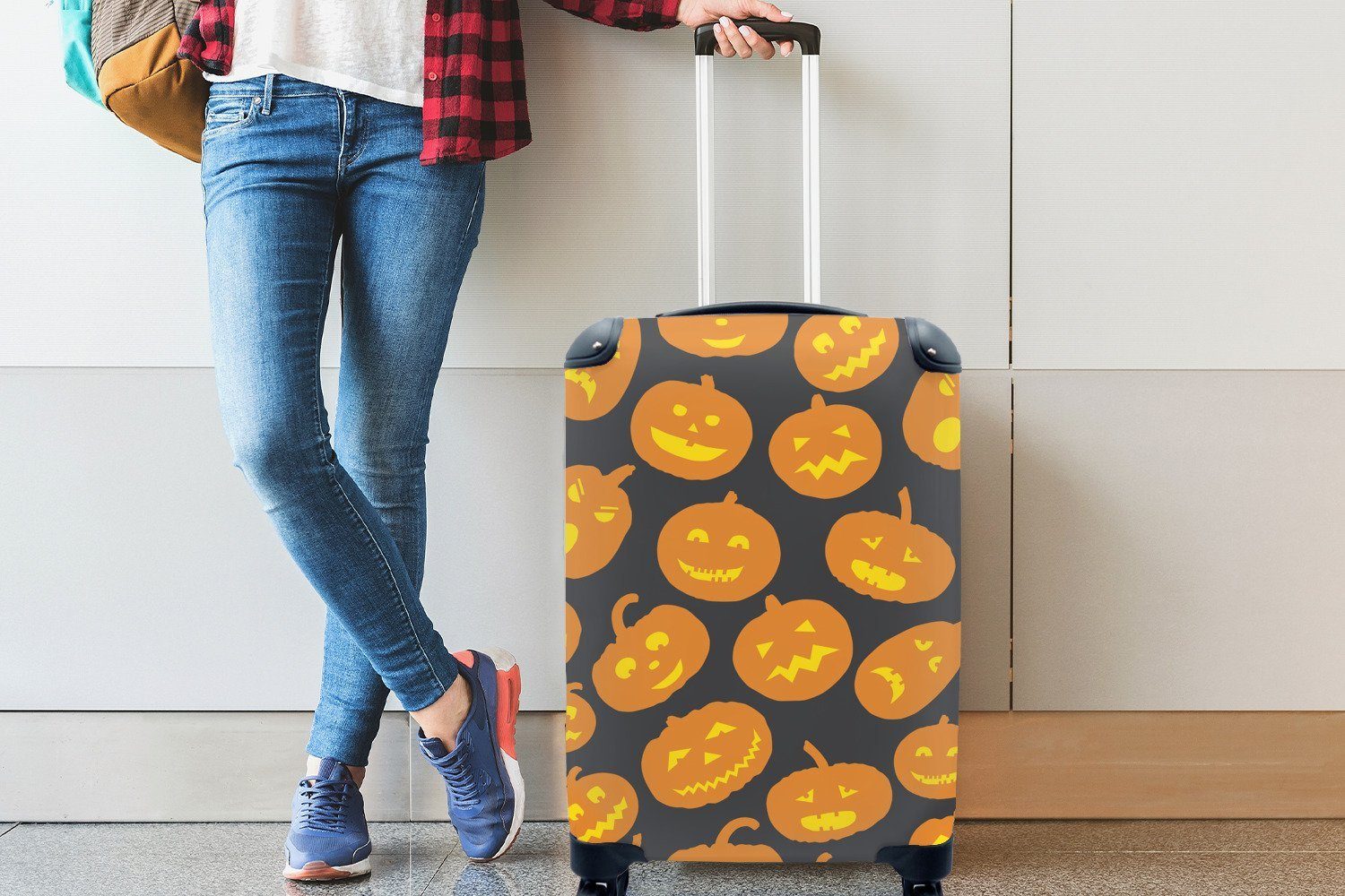 4 Reisetasche Halloween mit Handgepäck - - Rollen, rollen, für Trolley, Reisekoffer Handgepäckkoffer MuchoWow Kürbis Schnittmuster, Ferien,