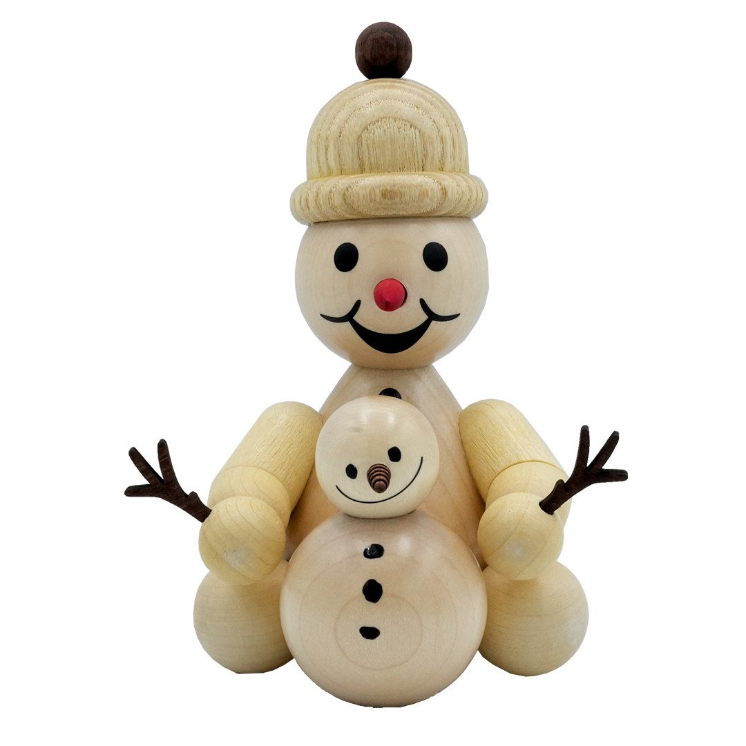 Drechslerei Volkmar Wagner Dekofigur Wagner Schneemann Junior sitzend mit Schneemann, Handarbeit aus dem Erzgebirge