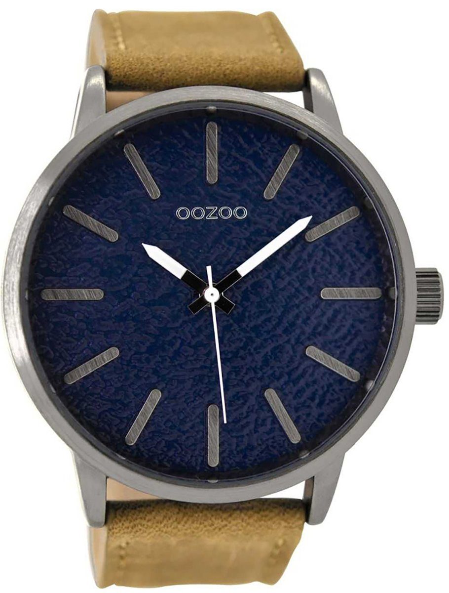 Oozoo groß Lederarmband, OOZOO Fashion-Style, Quarzuhr Armbanduhr (ca. Struktur-Ziffernblatt Herrenuhr Herren rund, braun, extra 48mm)