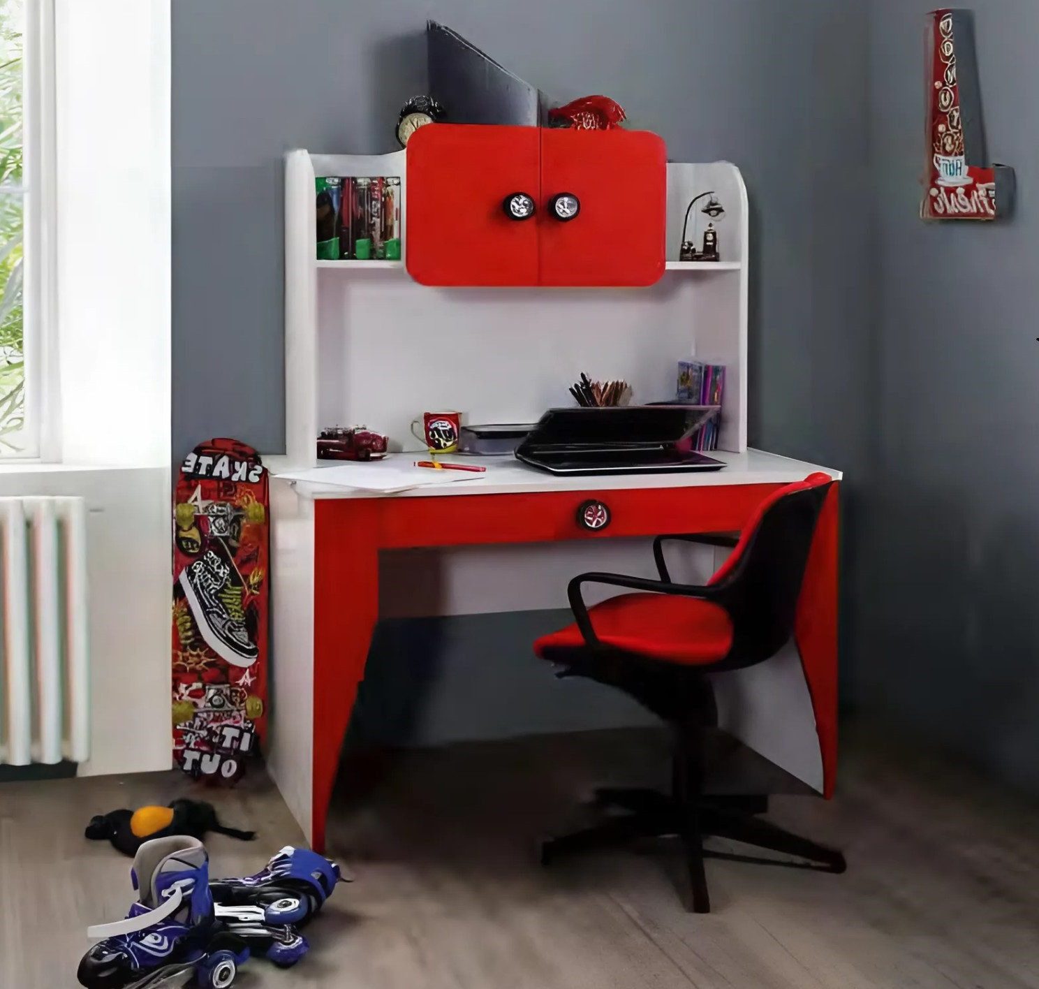 Xlmoebel Kinderschreibtisch Moderner Designer-Schreibtisch mit Regalen in Weiß und Holzoptik (Kinderschreibtisch, Schreibtisch), Hergestellt in Europa