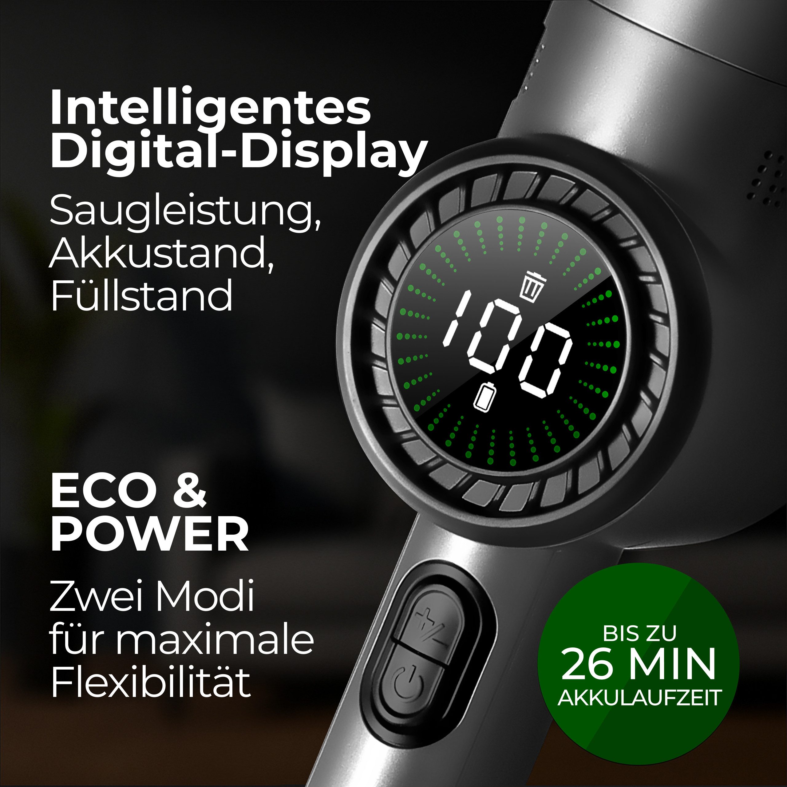 Lebenlang Akku-Handstaubsauger Kabellos - Kompakter Akkustaubsauger I, 135,00 W, I Beutellos I, 17000PA mit Zwei Modi Option & Innovativem Display I Inkl Viel Zubehör