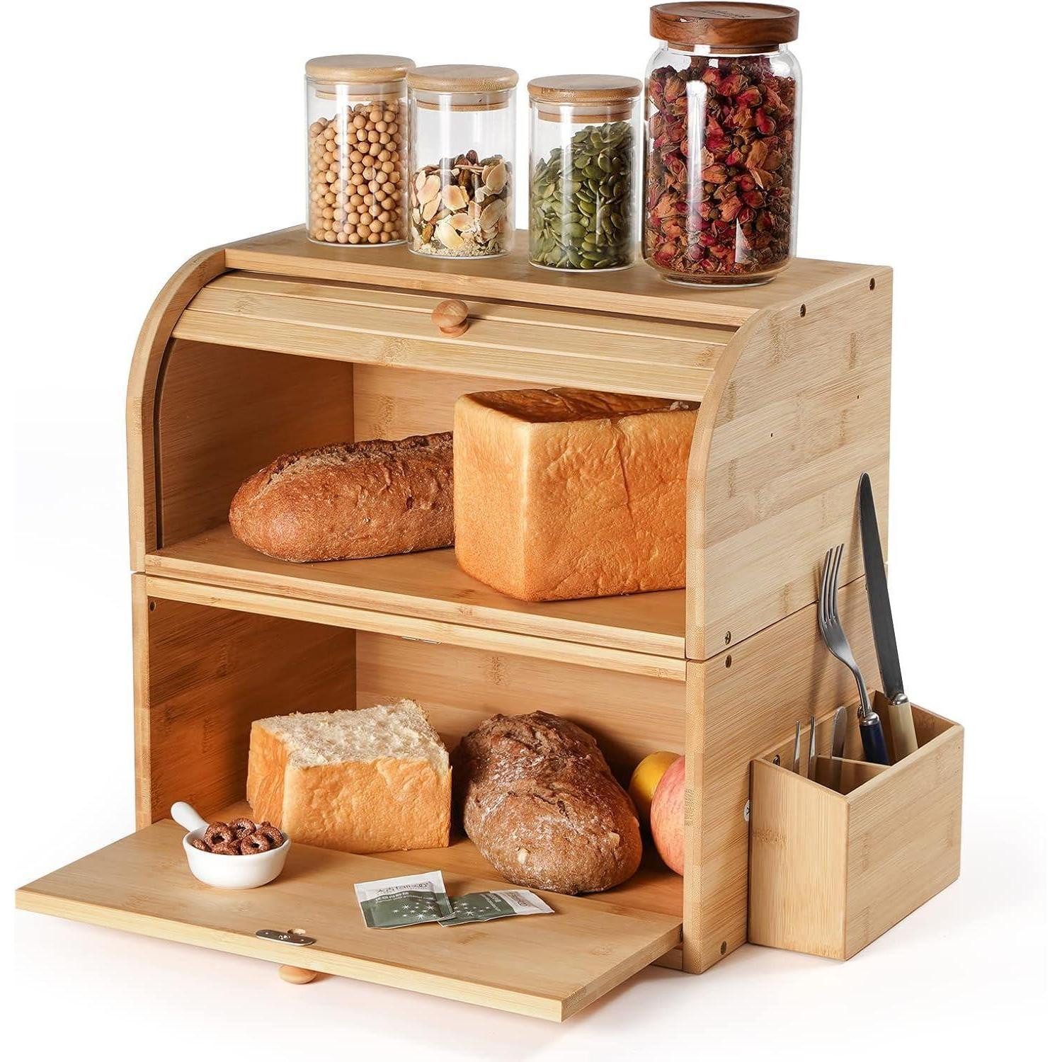 LuxusKollektion Brotkasten Brotkasten Holz Bambus groß Retro Eco Rolldeckel Doppellagig stapelbar, Naturmaterialien