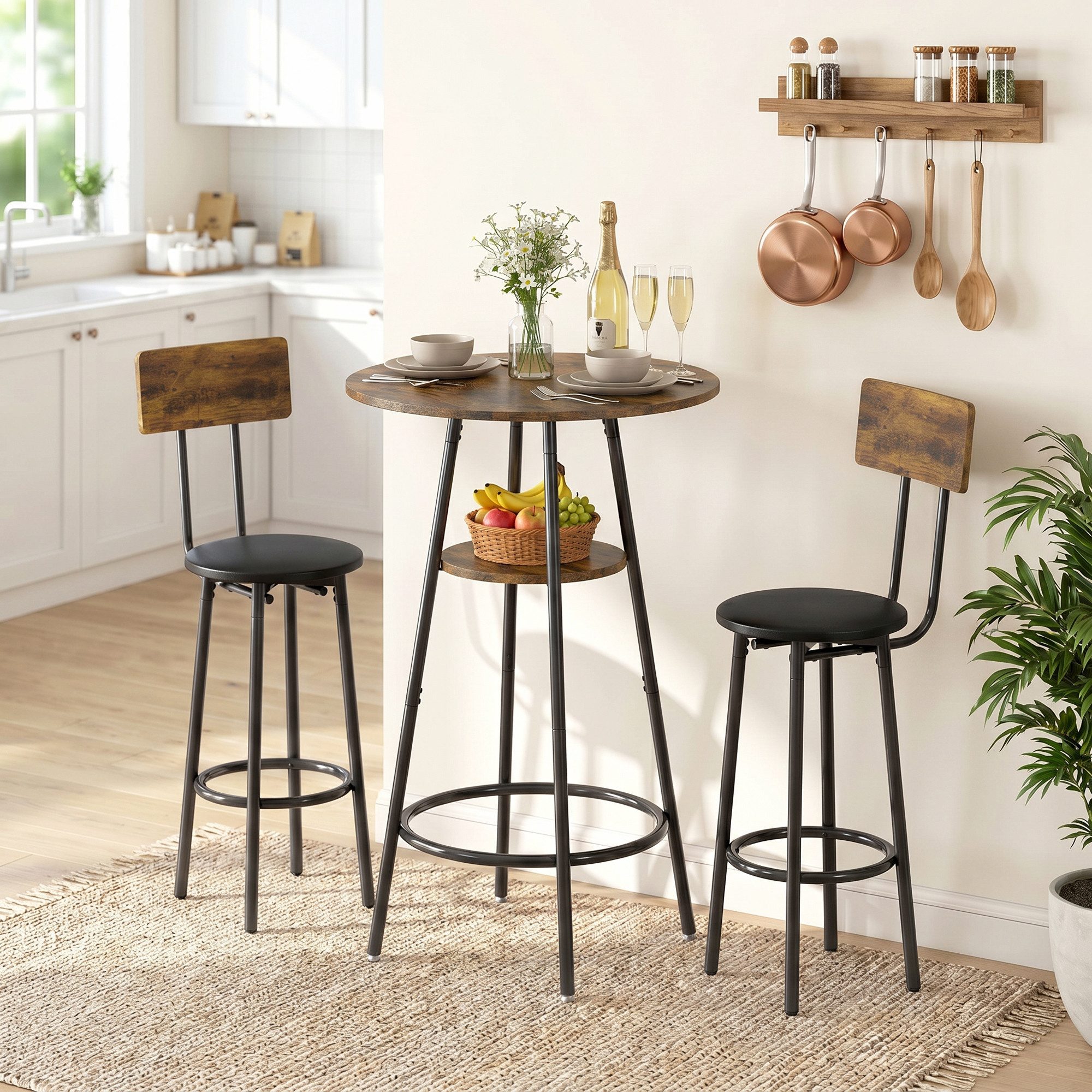 HOMCOM Bargruppe Bartisch mit Barhocker-Set Esstisch mit 2 Gepolsterten Stühlen, (Set, 3-tlg., 1 Tisch, 2 Hocker), Gepolsterte Barhocker, offene Ablage, platzsparend