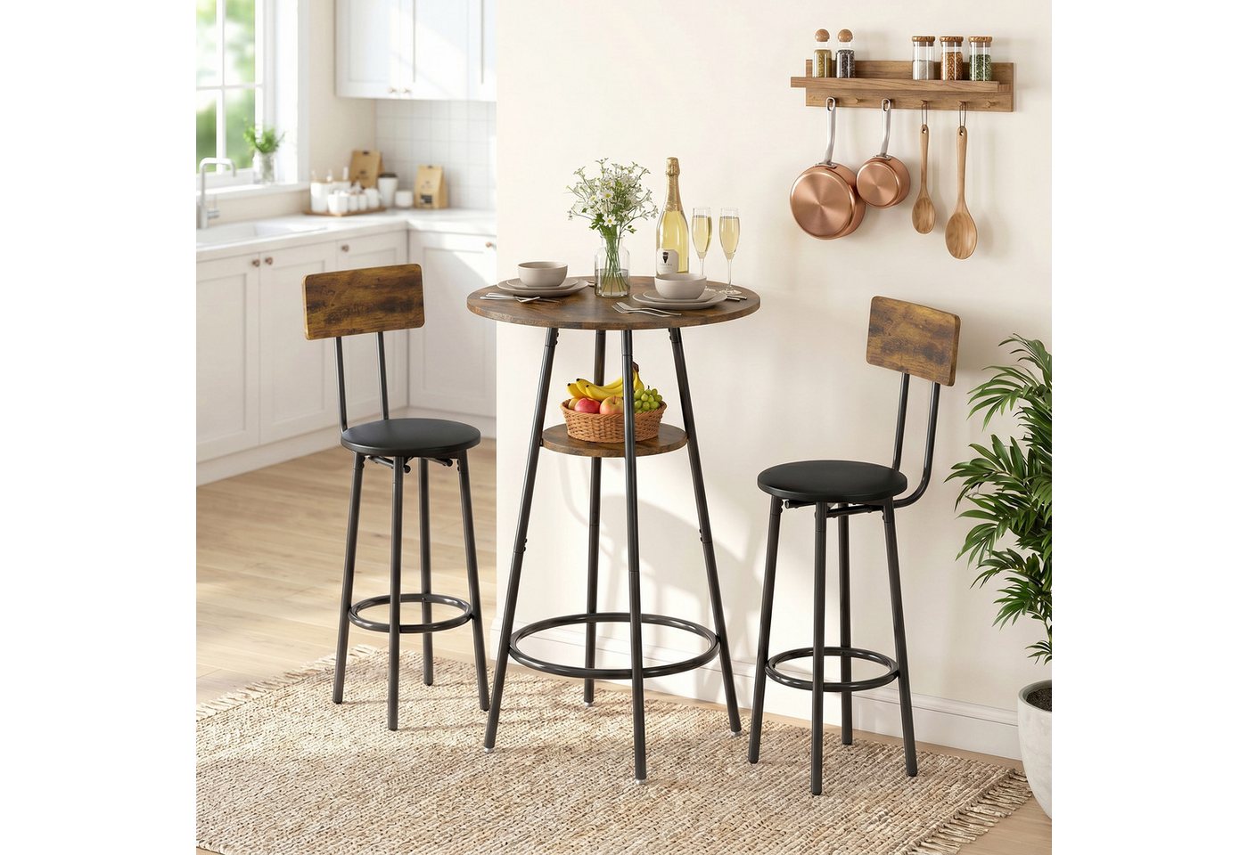 HOMCOM Bargruppe Bartisch mit Barhocker-Set Esstisch mit 2 Gepolsterten Stühlen, (Set, 3-tlg., 1 Tisch, 2 Hocker), Gepolsterte Barhocker, offene Ablage, platzsparend