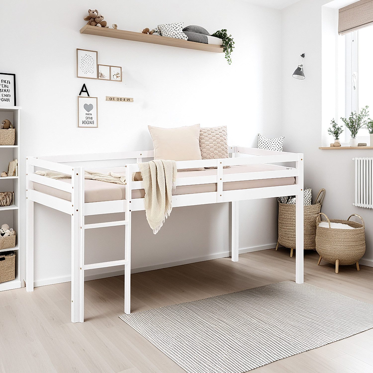 Homestyle4u Hochbett 90x200 Kinderbett Rausfallschutz Grau/Weiß Kinder Leiter Treppe (Komplett-Set mit Lattenrost, Matratze mit OEKO-TEX® Standard 100) Kiefer, Jungen Mädchen, ohne Vorhang