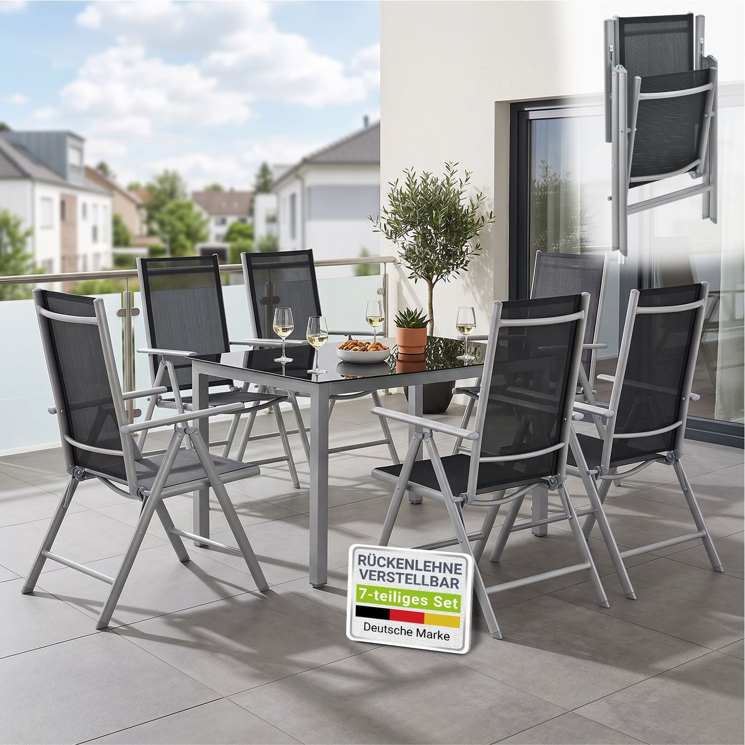 Juskys Garten-Essgruppe Milano, (7-tlg), 6 Gartenstühlen plus Tisch - Stühle klappbar und verstellbar