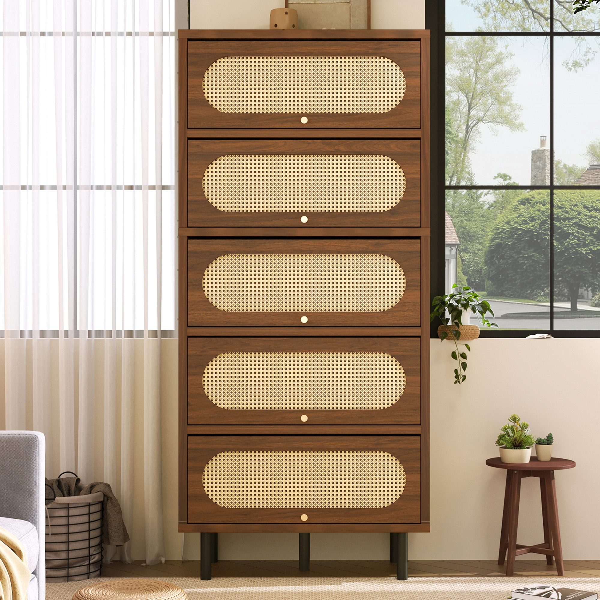 MODFU Sideboard Nussbaum-Hochschrank 80x40x163 cm mit Rattan-Elementen (Packung, 1 St., 5 Klapptüren, stabile Metallbeine, großer Stauraum), Stilvoller Aufbewahrungsschrank für Essbereich & Diele