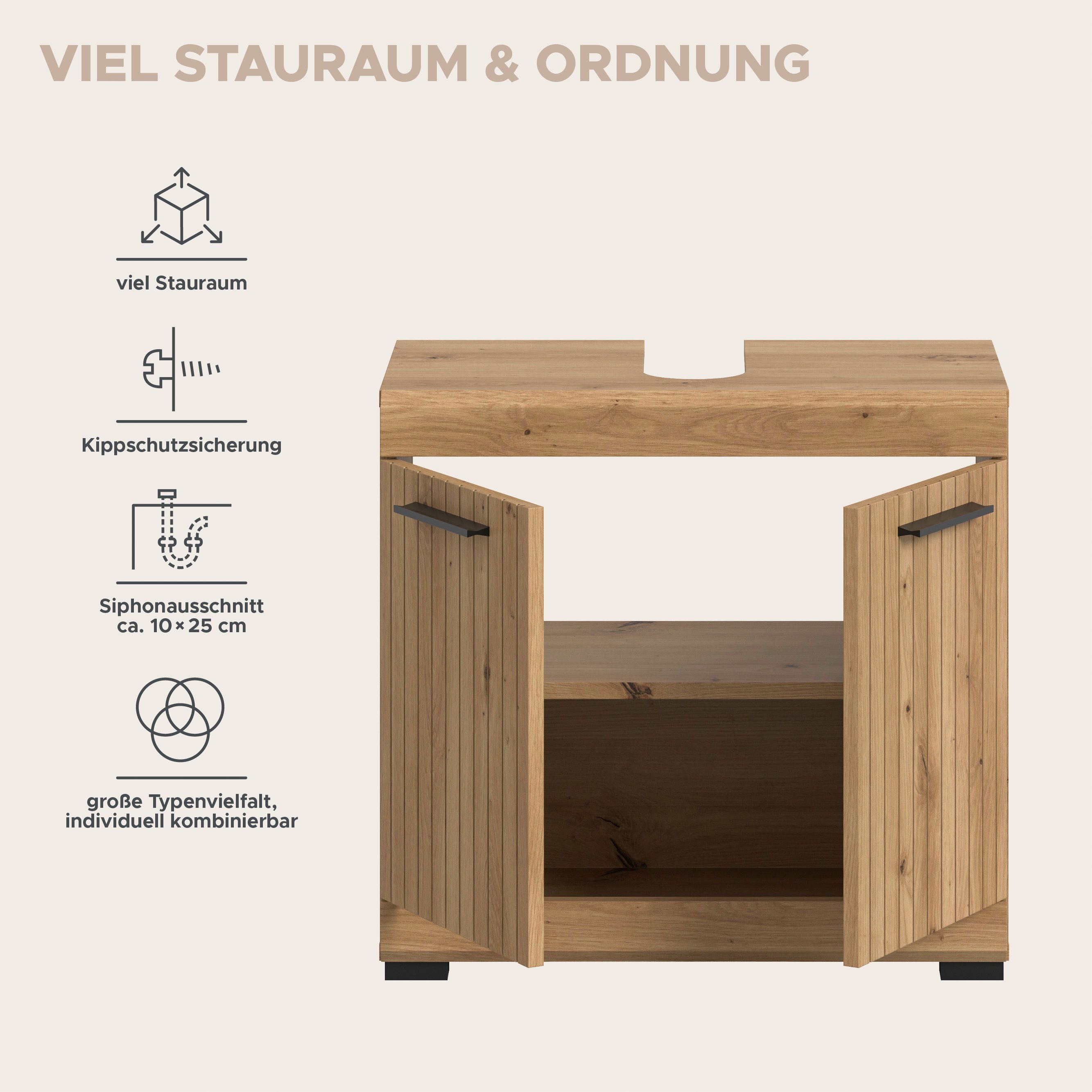 welltime Waschbeckenunterschrank SIENA, Breite 60cm, mit 2 Türen oder 2 Schubkästen, MDF-Front (1-St., TOPSELLER!, mit Siphonausschnitt 10x25 cm) in verschieden – Bild 5 von 5