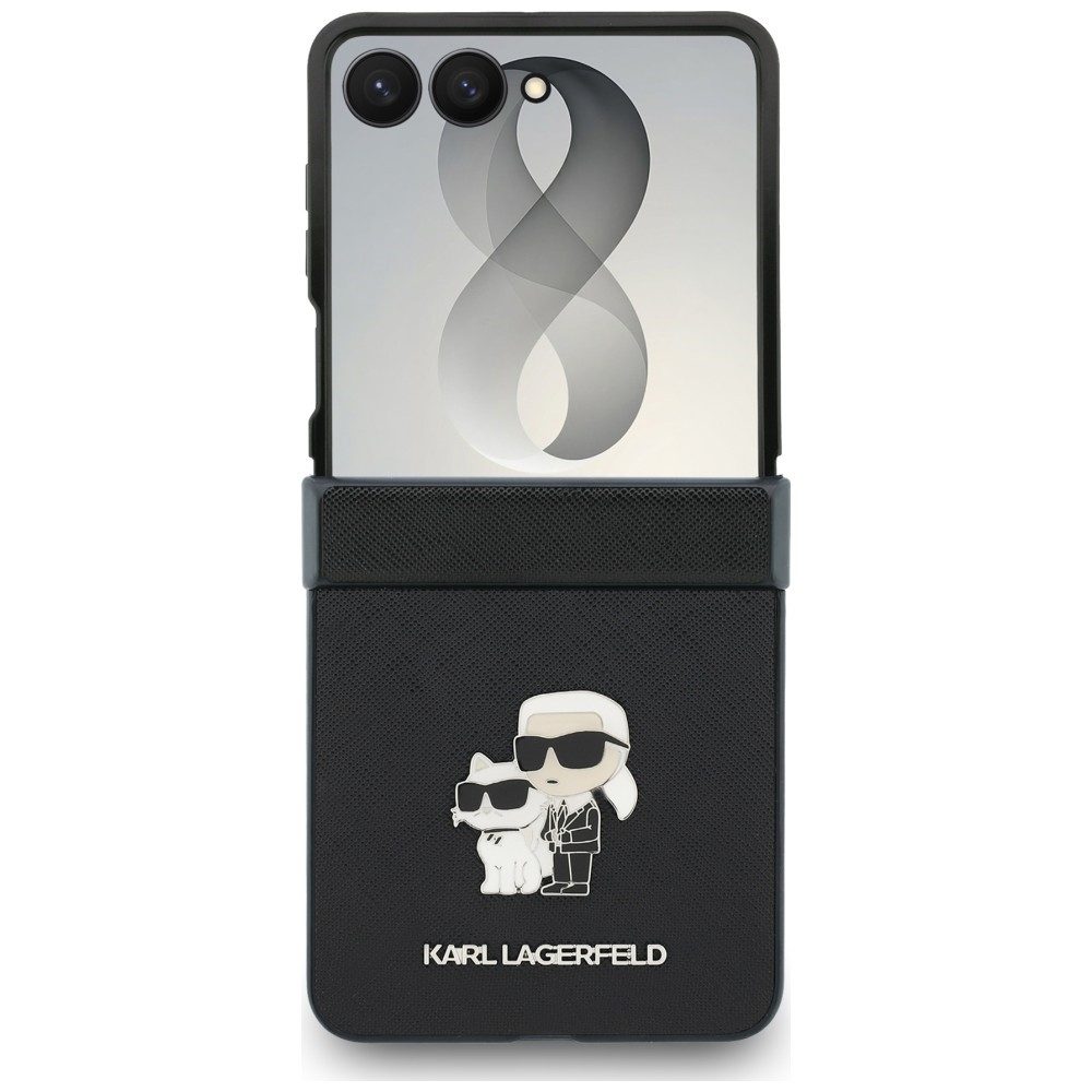 KARL LAGERFELD Handyhülle Galaxy Z Flip 8 Case Saffiano Kunstleder schwarz Logo Metall 6,9 Zoll, Kantenschutz