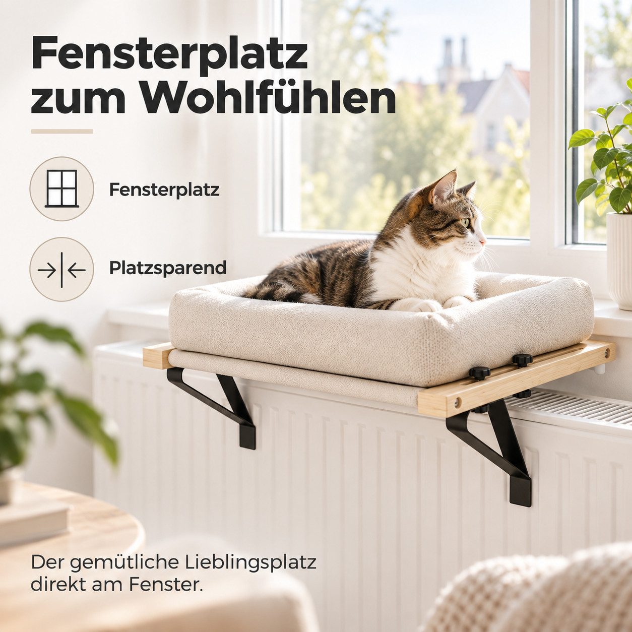 MIBODE Tierbett Katzenhaus für Fensterbank und Heizung, mit Kissen, Weiß, Polyester, Verstellbar, waschbar, platzsparend, für Fenster & Heizung